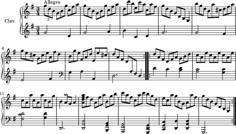 
\version "2.18.2"
\header {
  tagline = ##f
}

%% les petites notes
trillA = { \tag #'print { a8\prall } \tag #'midi { b32 a b a } }

upper = \relative c'' {
  \clef treble 
  \key g \major
  \time 3/4
  \tempo 4 = 120
  \set Staff.midiInstrument = #"harpsichord"

    s8*0^\markup{Allegro}
    \repeat volta 2 {
    \repeat unfold 2 { \times 2/3 { g'8 d b } \omit TupletNumber \times 2/3 { g8 b g' } \times 2/3 { c,8 fis a } } | \times 2/3 { d,8 d' b } \times 2/3 { e,8 c' a } \times 2/3 { c,8 a' fis } \times 2/3 { g d b } \times 2/3 { g d b } \tempo 4 = 80 g4 |
    % ms. 5
    \tempo 4 = 120
    \times 2/3 { b''8 g d } \times 2/3 { b8 a' cis, } \times 2/3 { d8 fis a } | \times 2/3 { g8 e cis } \times 2/3 { g8 cis e } \times 2/3 { a,8 fis' d } |  \times 2/3 { b8 g' e } \times 2/3 { fis,8 a d } \times 2/3 { e, e' cis } \times 2/3 { d a fis } \times 2/3 { d \stemUp \change Staff = "lower" a fis } \tempo 4 = 80 d4 \tempo 4 = 120
    }%reprise

    \stemNeutral \change Staff = "upper" 
    \repeat volta 2 {
    % ms. 9
    \tempo 4 = 120
    \times 2/3 { d''8 a fis } \times 2/3 { d fis a } \times 2/3 { g b d } | \repeat unfold 3 { \times 2/3 { c a e' } } | \repeat unfold 2 { \times 2/3 { c a a' } }  \times 2/3 { c, b g' } | b,4 \trillA g8 \tempo 4 = 80 a4 | 
    % ms. 13
    \tempo 4 = 120
    \times 2/3 { < a d fis a >8 fis' d }  \times 2/3 { a8 fis' a }  \times 2/3 {  b,8 g' b } |  \times 2/3 { c8 a fis }  \times 2/3 { c8 a' c }  \times 2/3 { b g d } |  \times 2/3 { e8 c a' }  \times 2/3 { g b, g }  \times 2/3 { a a' fis } | \times 2/3 { g d b } \times 2/3 { g d b }  \tempo 4 = 72 g4 

    }%reprise
}

lower = \relative c'' {
  \clef bass
  \key g \major
  \time 3/4
  \set Staff.midiInstrument = #"harpsichord"

    % **************************************
      \repeat volta 2 {
      \clef treble g2 d4 | g2 a4 | b c, d | g2. | g2 fis4 | e2 fis4 |  \clef bass g, a a, | d2.
      }%reprise
      \repeat volta 2 {
      % ms. 9
      d'4 c < b d > | < a c >2 < g c >4 | <fis c' d >2 < g d' >4 | d,2. | < d a' d >2 < b g' b >4 < a fis' a >2 < g d' g >4 | < c g' c > < d d' > < d a' d > g,2.
      }%reprise
}

thePianoStaff = \new PianoStaff <<
    \set PianoStaff.instrumentName = #"Clav."
    \new Staff = "upper" \upper
    \new Staff = "lower" \lower
  >>

\score {
  \keepWithTag #'print \thePianoStaff
  \layout {
      #(layout-set-staff-size 17)
    \context {
      \Score
     \override SpacingSpanner.common-shortest-duration = #(ly:make-moment 1/2)
      \remove "Metronome_mark_engraver"
    }
  }
}

\score {
  \unfoldRepeats 
  \keepWithTag #'midi \thePianoStaff
  \midi { }
}

