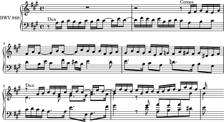 \version "2.18.2"
\header {
tagline = ##f
}
Dux = { r8^\markup{Dux} a16 b cis b a cis b d cis8~ cis16 e d8~ d16 fis e d e b cis d }
Comes = { r8^\markup{Comes} e16 fis gis fis e gis fis a gis8~ gis16 b a8~ a16 cis b a b fis gis a }
upper = \relative c' {
\clef treble
\key a \major
\time 4/4
\tempo 4 = 72
\set Staff.midiInstrument = #"harpsichord"
%% FUGUE CBT II-19, BWV 888, la majeur
R1 r2 \Comes gis16 b a gis a e fis g fis a gis fis gis dis e fis
<< { \Dux cis16 d e fis e a gis fis gis16 } \\ { e,4. fis8 gis8. gis16 a8. a16 b4 r8 s2 s8 b4~ } >>
}
lower = \relative c' {
\clef bass
\key a \major
\time 4/4
\set Staff.midiInstrument = #"harpsichord"
\Dux cis8 a b cis d b16 e cis8 fis16 cis dis b e4 dis8 | e8. b16 cis8 a d!8. a16 b8 gis cis16 d cis b a8. a16 e'8. e,16 fis8. fis'16
<< { \stemDown gis4 r8 \stemUp gis8 a gis a \stemDown \change Staff = "upper" b8 } \\ { s4 s8 e,8 a, b cis dis e } >>
}
\score {
\new PianoStaff <<
\set PianoStaff.instrumentName = #"BWV 888"
\new Staff = "upper" \upper
\new Staff = "lower" \lower
>>
\layout {
\context {
\Score
\remove "Metronome_mark_engraver"
}
}
\midi { }
}