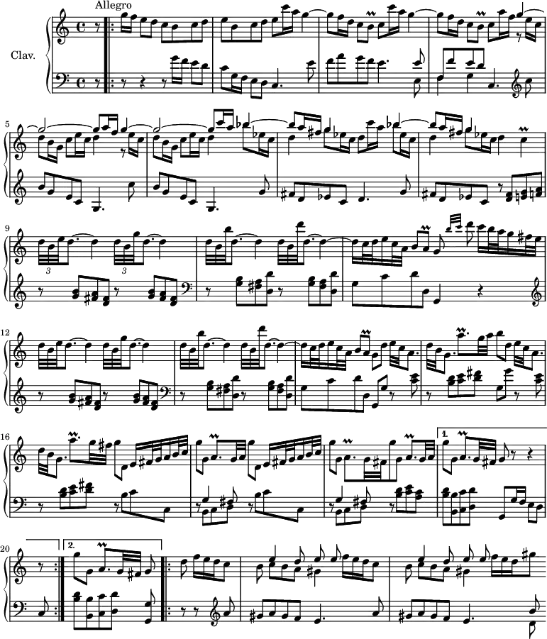 
\version "2.18.2"
\header {
  tagline = ##f
  % composer = "Domenico Scarlatti"
  % opus = "K. 156"
  % meter = "Allegro"
}

%% les petites notes
trillBq     = { \tag #'print { b8\prall } \tag #'midi { c32 b c b } }
trillC      = { \tag #'print { c4\prall } \tag #'midi { d32 c d c~ c8 } }
trillAq     = { \tag #'print { a8\prall } \tag #'midi { b32 a b a } }
trillAqpUp  = { \tag #'print { a'8.\prall } \tag #'midi { b32~ b a32 b a~ a32 } }
trillAqp    = { \tag #'print { a8.\prall[ } \tag #'midi { b32 a b a~ a16 } }

upper = \relative c'' {
  \clef treble 
  \key c \major
  \time 4/4
  \tempo 4 = 80
  \set Staff.midiInstrument = #"harpsichord"
  \override TupletBracket.bracket-visibility = ##f

      s8*0^\markup{Allegro}
      r8  \repeat volta 2 { g'16 f e8 d c b c d | e b c d e c'16 a g4~ |
      % ms. 3
      g8 f16 d c8 \trillBq c8 c'16 a g4~ | g8 f16 d c8  \trillBq c8 a'16 f 
      << { g4~ | g2~ g8 a16 f g4~ | g2~ g8 c16 a bes4~ | bes8 a16 fis g4 s4 bes4~ | bes8 a16 fis g4  } 
      \\ { \repeat unfold 2 { r8 e16 c | d8 b16 g c8 e16 c d4 } bes'8 ees,16 c | d4 g8 ees16 c d8 c'16 a bes8 ees,16 c | d4 g8 ees16 c } >> d4 \trillC
      % ms. 9
      \times 2/3 { d32 b e } d8.~ d4   \times 2/3 { d32 b g' } d8.~ d4 \omit TupletNumber | 
      \times 2/3 { d32 b b' } d,8.~ d4   \times 2/3 { d32 b d' } d,8.~ d4~ | d16 c32 d e16 c32 a b8 \trillAq g8 \grace {   \tempo 4 = 42 b'32 c }   \tempo 4 = 82 d8 c16 b32 a g16 fis32 e |
      % ms. 12
      \times 2/3 { d32 b e } d8.~ d4   \times 2/3 { d32 b g' } d8.~ d4 \omit TupletNumber | 
      \times 2/3 { d32 b b' } d,8.~ d4   \times 2/3 { d32 b d' } d,8.~ d4~ | d16 c32 d e16 c32 a b8 \trillAq g8[ d'] e32[ c a8.] 
      % ms. 15
      d32[ b g8.] \trillAqpUp g32 a b8[ d,] e32[ c a8.] | d32[ b g8.] \trillAqpUp g32 fis g8[ d,] e16 fis32 g a16 b32 c | g'8[ g,] \trillAqp g32 a] g'8[ d,] e16 fis32 g a16 b32 c |
      % ms. 18
      g'8[ g,] \trillAqp g32 fis g'8[ g,] \trillAqp g32 a]  }%repet
      \alternative {
       { g'8[ g,] \trillAqp g32 fis] g8 r8 r4 | r8 }
       { g'8[ g,] \trillAqp g32 fis] g8 }
      }
      % ms. 20
      \partial 4.
      d'8 \repeat unfold 2 {  \times 2/3 { f16[ e d } c8] | b8 << { e4 d8 e8 e  } \\ { c8 b a gis4 } >> } \times 2/3 { f'16[ e d } gis8] |  \bar ""

}

lower = \relative c' {
  \clef bass
  \key c \major
  \time 4/4
  \set Staff.midiInstrument = #"harpsichord"
  \override TupletBracket.bracket-visibility = ##f


    % ************************************** \appoggiatura a16  \repeat unfold 2 {  } \times 2/3 { }   \omit TupletNumber 
      r8   \repeat volta 2 { r8 r4 r8 g'16 f e8 d | c8 g16 f e8 d c4. e'8 |
      % ms. 3
      f8 a g f e4. << { e8 | f, f' e d } \\ { e,8 | f4 g } >> c,4.   \clef treble  c''8  | b g e c g4. c'8 |
      % ms. 6
      b8 g e c g4. g'8 | fis d ees c d4. g8 | fis d ees c  r8 < d fis >8 < e g > < f a >  |
      % ms. 9
      \repeat unfold 2 { r8 < g b >8 < fis a > < d fis >  }  \clef bass  | \repeat unfold 2 { r8 < g, b >8 < fis a > < d d' > } g8 c d d, g,4  r4 \clef treble |
      % ms. 12
      \repeat unfold 2 { r8 < g'' b >8 < fis a > < d fis >  } \clef bass  | \repeat unfold 2 { r8 < g, b >8 < fis a > < d d' > } g8 c d d, g, g' r8 < c e >8
      % ms. 15
      r8 < b d >8 < c e > < d fis > g, g' r8 < c, e >8 | r8  < b d >8 < c e > < d fis > r8 b c c, | r8 << { g'4 fis8 } \\ { b,8 c d } >> r8 b' c c, |
      % ms. 18
      r8 << { g'4 fis8 } \\ { b,8 c d } >> r8 < b' d >8 < c e > < a c > | }%repet
      \alternative {
       { < b d >8 < b, b' > < c c' > < d d' > g, g'16 f e8 d | c8 }
       { < b' d >8 < b, b' > < c c' > < d d' > < g, g' > }
      }
      \bar ".|:"
      r8 r8 \clef treble a''8 | gis a gis f e4. a8 | gis a gis f e4. << { b'8 } \\ { d,8 } >> \bar "" 

}

thePianoStaff = \new PianoStaff <<
    \set PianoStaff.instrumentName = #"Clav."
    \new Staff = "upper" \upper
    \new Staff = "lower" \lower
  >>

\score {
  \keepWithTag #'print \thePianoStaff
  \layout {
      #(layout-set-staff-size 17)
    \context {
      \Score
     \override SpacingSpanner.common-shortest-duration = #(ly:make-moment 1/2)
      \remove "Metronome_mark_engraver"
    }
  }
}

\score {
  \unfoldRepeats 
  \keepWithTag #'midi \thePianoStaff
  \midi { }
}

