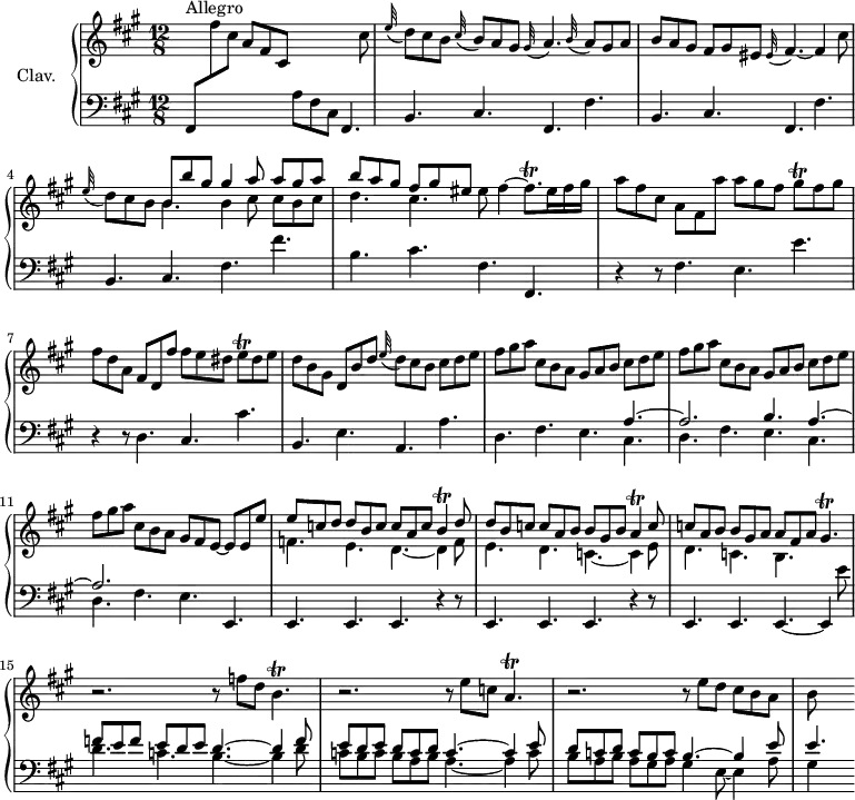 \version "2.18.2"
\header {
  tagline = ##f
  % composer = "Domenico Scarlatti"
  % opus = "K. 142"
  % meter = "Allegro"
}
%% les petites notes
trillGisq     = { \tag #'print { gis8\trill } \tag #'midi { \times 2/3 { gis16 a gis } } }
trillFisqp    = { \tag #'print { fis8.\trill } \tag #'midi { \times 2/3 { fis16 gis fis~ } fis16 } }
trillEq       = { \tag #'print { e8\trill } \tag #'midi { \times 2/3 { e16 fis e } } }
trillB        = { \tag #'print { b4\trill } \tag #'midi { \times 2/3 { c16 b c } b8 } }
trillA        = { \tag #'print { a4\trill } \tag #'midi { \times 2/3 { b16 a b } a8 } }
trillGispUp   = { \tag #'print { gis'4.\trill } \tag #'midi { \times 2/3 { a16 gis a } gis4 } }
trillAp       = { \tag #'print { a4.\trill } \tag #'midi { \times 2/3 { b16 a b } a4 } }
trillBp       = { \tag #'print { b4.\trill } \tag #'midi { \times 2/3 { c16 b c } b4 } }
%
upper = \relative c'' {
  \clef treble 
  \key fis \minor
  \time 12/8
  \tempo 4. = 112
  \set Staff.midiInstrument = #"harpsichord"
  \override TupletBracket.bracket-visibility = ##f
      s8*0^\markup{Allegro}
      s4. a8 fis cis s4. s4 cis'8 | \appoggiatura e32 d8 cis b \appoggiatura cis32 b8 a gis \appoggiatura gis32 a4. \appoggiatura b32 a8 gis a |
      % ms. 3
      b8 a gis fis gis eis \appoggiatura eis32 fis4.~ fis4 cis'8 |\appoggiatura e32 d8 cis b << { b8 b' gis | gis4 a8 a gis a | b a gis fis gis eis } \\ { \mergeDifferentlyDottedOn  b4. b4 cis8 cis b cis | d4. cis } >> eis8 fis4~ \trillFisqp eis16 fis gis |
      % ms. 6
      a8 fis cis a fis a'  a gis fis \trillGisq fis8 gis | fis d a fis d fis' fis e dis \trillEq dis8 e | d b gis d b' d \appoggiatura e32 d8 cis b cis d e |
      % ms. 9
      \repeat unfold 2 { fis8 gis a cis, b a gis a b cis d e } | fis8 gis a cis, b a gis fis e~ e e e' | 
      % ms. 12
      << { e8 c d d b c c a c \trillB d8 | d b c c a b b gis b \trillA c8 | c a b b gis a a fis a } 
      \\ { f4. e d~ d4 f8 | e4. d c~ c4 e8 | d4. c b } >> \trillGispUp
      % ms. 15
      r2. r8 f'8 d \trillBp | r2. r8 e8 c \trillAp | r2. r8 e'8 d cis b a |
      % ms. 18
      b8 s4
      % ms. 21
      
}
lower = \relative c' {
  \clef bass
  \key fis \minor
  \time 12/8
  \set Staff.midiInstrument = #"harpsichord"
  \override TupletBracket.bracket-visibility = ##f
    % **************************************
      fis,,8 \stemDown \change Staff = "upper" fis''' cis s4. \stemNeutral \change Staff = "lower" a,8 fis cis fis,4. |
      % ms. 2
      \repeat unfold 2 { b4. cis fis, fis' } | b, cis fis fis' | b, cis fis, fis, |
      % ms. 6
      r4 r8  fis'4. e e' | r4 r8 d,4. cis cis' | b, e a, a' |
      % ms. 9
      d,4. fis e << { a4.~ | a2. b4. a4.~ | a2. } \\ { cis,4. | d fis e cis | d fis4. } >> e e, |
      % ms. 12
      \repeat unfold 2 { e4. e e r4 r8 } | e4. e e~ e4 e''8
      % ms. 15
      << { f8 e f e d e d4.~ d4 f8 | e d e d c d c4.~ c4 e8 | d c d c b c b4.~ b4 e8 } 
      \\ { d4. c b4.~ b4 d8 | c b c b a b a4.~ a4 c8 | b a b a gis a gis4 e8~ e4 a8 } >>
      % ms. 18
      << { e'4.~ } \\ { gis,4 } >>
      % ms. 21
      
}
thePianoStaff = \new PianoStaff <<
    \set PianoStaff.instrumentName = #"Clav."
    \new Staff = "upper" \upper
    \new Staff = "lower" \lower
  >>
\score {
  \keepWithTag #'print \thePianoStaff
  \layout {
      #(layout-set-staff-size 17)
    \context {
      \Score
     \override SpacingSpanner.common-shortest-duration = #(ly:make-moment 1/2)
      \remove "Metronome_mark_engraver"
    }
  }
}
\score {
  \keepWithTag #'midi \thePianoStaff
  \midi { }
}