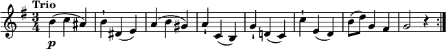 \relative c'' {
    \version "2.18.2"
    \key g \major
    \tempo "Trio"
    \time 3/4
    \tempo 4 = 120
  b4\p (c ais)
  b-! dis, (e)
  a ( b gis)
  a-! c, (b)
  g'-! d! (c) 
  c'-! e, (d)
  b'8 (d) g,4 fis
  g2 r4 \bar ":|."
  }