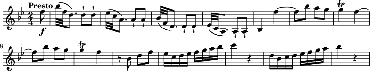 \relative c'' {
\version "2.18.2"
\key bes \major
\time 2/4
\tempo "Presto"
\tempo 4 = 120
\partial 8 f8\f bes32 (f d8.) d8-! d-!
ees32 (c a8.) a8-! a-!
bes32 (f d8.) d8-! d-!
ees32 (c a8.) a8-! a-!
bes4 f'' ~
f8 bes a g
g4\trill f ~
f8 bes a g
g4\trill f
r8 bes, d f
ees16 c d ees f g a bes
c4 r
d,16 bes c d ees f g a
bes4 r
}