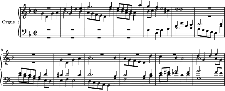 
\version "2.18.2"
\header {
  tagline = ##f
}
upper = \relative c' {
  \clef treble 
  \key f \major
  \time 2/2
  \tempo 2 = 80
  \set Staff.midiInstrument = #"recorder"

   %%% La Spiritata (Canzon)
   
   << { R1 d'4 g, d' e f2. f4 | e8 d c bes a4 a' | g f e2 | d1 R1*6 | d4 g, d' e } \\ { g,4 d g a bes2. bes4 | a8 g f e d4 d' | c8 bes a g f2 | bes8 c d2 cis4 d1 R1*2 g,4 d g a bes2. bes4 | a8 g f e d4 d' c4 bes a2| bes2. a8 g } >>

}

lower = \relative c {
  \clef bass
  \key f \major
  \time 2/2
    \set Staff.midiInstrument = #"recorder"

  
  << { R1*5 d'4 g d e f2. f4 | e8 d c bes a4 d cis d2 cis4 | d2. bes4 | c2 bes4 d | e8 fis g2 fis4 g2. f8 e } \\ { R1*4 g,4 d g a bes2. bes4 | a8 g f e d4 d' | c8 bes a g f4 e8 d | e4 f e2 | d8 c bes a g4 g' | f2 g4 bes | c8 d ees4 c d | g,1 } >>

} 

\score {
  \new PianoStaff <<
    \set PianoStaff.instrumentName = #"Orgue"
    \new Staff = "upper" \upper
    \new Staff = "lower" \lower
  >>
  \layout {
    #(layout-set-staff-size 17)
    \context {
      \Score
      \remove "Metronome_mark_engraver"
      \override SpacingSpanner.common-shortest-duration = #(ly:make-moment 1/2)
    }
  }
  \midi { }
}
