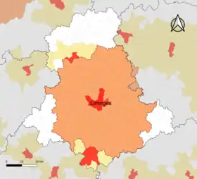 Localisation de l'aire d'attraction de Limoges dans le département de la Haute-Vienne.