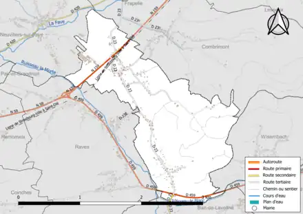 Carte en couleur présentant le réseau hydrographique de la commune