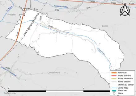 Carte en couleur présentant le réseau hydrographique de la commune