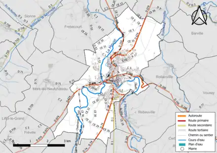 Carte en couleur présentant le réseau hydrographique de la commune