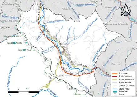 Carte en couleur présentant le réseau hydrographique de la commune