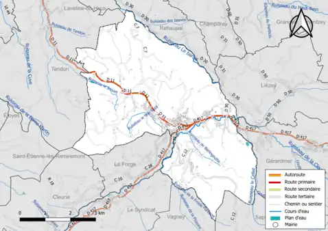 Carte en couleur présentant le réseau hydrographique de la commune