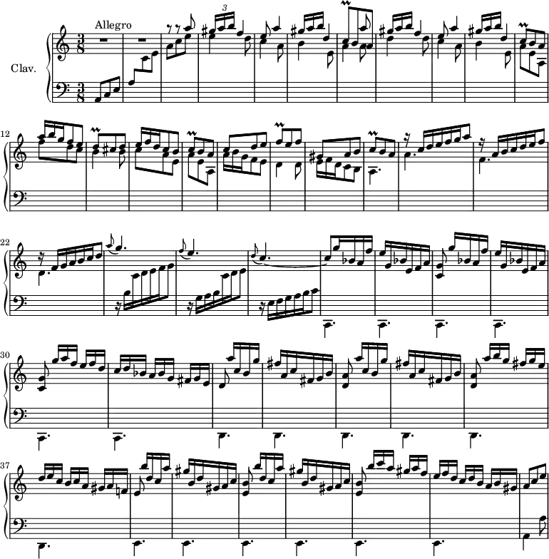 
\version "2.18.2"
\header {
  tagline = ##f
  % composer = "Domenico Scarlatti"
  % opus = "K. 188"
  % meter = "Allegro"
}

%% les petites notes
trillCqDown     = { \tag #'print { c,8^\prall } \tag #'midi { d32 c d c } }
trillCq         = { \tag #'print { c8^\prall } \tag #'midi { d32 c d c } }
trillDq         = { \tag #'print { d8\prall } \tag #'midi { e32 d e d } }
trillFq         = { \tag #'print { f8\prall } \tag #'midi { g32 f g f } }

upper = \relative c'' {
  \clef treble 
  \key a \minor
  \time 3/8
  \tempo 4. = 60
  \set Staff.midiInstrument = #"harpsichord"
  \override TupletBracket.bracket-visibility = ##f

      s8*0^\markup{Allegro}
      R4.*2 | a'8\rest a8\rest \stemUp a8 | \times 2/3 { gis16 a b } f4 | e8 a4 | \omit TupletNumber \times 2/3 { gis16 a b } d,4 | << { s4 a'8 } \\ { \stemUp \trillCqDown b8 a } >> 
      % ms. 8
      \times 2/3 { gis'16 a b } f4 | e8 a4 | \times 2/3 { gis16 a b } d,4 | \trillCq b8  \tempo 4. = 30 a8  \tempo 4. = 60 | \times 2/3 { a'16 b g } f8 e | \trillDq cis8 d | \times 2/3 { e16 f d } c8 b |
      % ms. 15
      \trillCq b8 a | c d e | \trillFq e8 f | gis, a b | \trillCq b8 \tempo 4. = 30 a8 \tempo 4. = 60 | \times 2/3 { r16 c16 d e f g } a8 | \times 2/3 { r16 a,16 b c d e } f8 |
      % ms. 22
      \times 2/3 { r16 f,16 g a b c } d8 | \appoggiatura a'8 g4. | \appoggiatura f8 e4. | \appoggiatura d8 c4.~ | c8 \repeat unfold 2 { g'16 bes, a f' | e g, bes e, f a |
      % ms. 28…
      \autoBeamOff < c, g' >8 \autoBeamOn } | \times 2/3 { g''16 a f } \times 2/3 { e16[ f d] } \times 2/3 { c16 d bes } \times 2/3 { a16[ bes g] } \times 2/3 { fis16 g e } | \autoBeamOff d8 \autoBeamOn a''16 c, b g' | fis a, c fis, g b |
      % ms. 34
     \autoBeamOff < d, a' >8 \autoBeamOn a''16 c, b g' | fis a, c fis, g b | \autoBeamOff < d, a' >8 \autoBeamOn \times 2/3 { a''16 b g } \times 2/3 { fis16[ g e] } | \times 2/3 { d16 e c }  \times 2/3 { b16[ c a] } \times 2/3 { gis16 a f! } | \autoBeamOff e8  \autoBeamOn \repeat unfold 2 { b''16 d, c a' | gis b, d gis, a c |
      % ms. 40
      \autoBeamOff < e, b' >8 \autoBeamOn } \times 2/3 { b''16[ c a]  gis a f } | \times 2/3 { e[ f d]  c d b  a[ b gis] } | a8 c e |

}

lower = \relative c' {
  \clef bass
  \key a \minor
  \time 3/8
  \set Staff.midiInstrument = #"harpsichord"
  \override TupletBracket.bracket-visibility = ##f

    % ************************************** \appoggiatura a16  \repeat unfold 2 {  } \times 2/3 { }   \omit TupletNumber 
      a,8 c e |  \stemUp a \stemDown \change Staff = "upper" c e | a c e | e4 d8 | c4 a8 | b4 e,8 | a4 a8 |
      % ms. 8
      d4 d8 | c4 a8 | b4 e,8 | a e a, | f'' d c | b4 b8 | c a e  |
      % ms. 15
      a8 e a, | \omit TupletNumber \times 2/3 { a'16 b g } f8 e | d4 d8 | \times 2/3 { e16 f d } c8 b | a4. | a' | f  |
      % ms. 22
      d4. | \stemNeutral \change Staff = "lower" \times 2/3 { r16 b16 \stemDown \change Staff = "upper" c d e f } g8 | \stemNeutral \change Staff = "lower" \times 2/3 { r16 g,16 a b \stemDown \change Staff = "upper" c d } e8 | \stemNeutral \change Staff = "lower" \times 2/3 { r16 e,16 f g a b } c8 | \repeat unfold 6 { c,,4. }
      % ms. 32
      \repeat unfold 6 { d4. }
      % ms. 38
      \repeat unfold 6 { e4. }
      % ms. 44
      a4 a'8 | 

}

thePianoStaff = \new PianoStaff <<
    \set PianoStaff.instrumentName = #"Clav."
    \new Staff = "upper" \upper
    \new Staff = "lower" \lower
  >>

\score {
  \keepWithTag #'print \thePianoStaff
  \layout {
      #(layout-set-staff-size 17)
    \context {
      \Score
     \override SpacingSpanner.common-shortest-duration = #(ly:make-moment 1/2)
      \remove "Metronome_mark_engraver"
    }
  }
}

\score {
  \keepWithTag #'midi \thePianoStaff
  \midi { }
}
