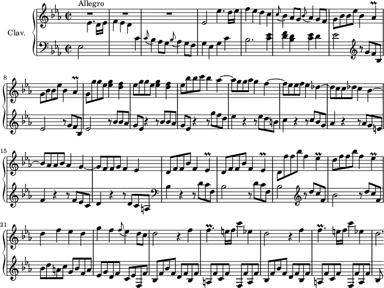 \version "2.18.2"
\header {
tagline = ##f
% composer = "Domenico Scarlatti"
% opus = "K. 192"
% meter = "Allegro"
}
%% les petites notes
trillAesp = { \tag #'print { aes4\prall } \tag #'midi { bes32 aes bes aes~ aes8 } }
trillEesp = { \tag #'print { ees4\prall } \tag #'midi { f32 ees f ees~ ees8 } }
trillFp = { \tag #'print { f4.\prall } \tag #'midi { g32 f g f~ f4 } }
upper = \relative c'' {
\clef treble
\key ees \major
\time 2/2
\tempo 2 = 72
\set Staff.midiInstrument = #"harpsichord"
\override TupletBracket.bracket-visibility = ##f
s8*0^\markup{Allegro}
R1*3 | ees,2 ees'4. d16 ees |
% ms. 5
f4 ees d c | \appoggiatura c8 bes4 aes8 g \appoggiatura bes8 aes4 g8 f | \repeat unfold 2 { g8 bes bes ees bes4 \trillAesp }
% ms. 9
g8 \repeat unfold 2 { g' g ees < ees g >4 < d f > | ees8 } bes' bes c bes4 aes4~ | aes8 g g aes g4 f~ |
% ms. 13
f8 ees ees f ees4 des~ | des8 c c des c4 bes~ | bes8 aes aes bes aes4 g~ | g8 f f g f4 ees |
% ms. 17
\repeat unfold 2 { d8 f f bes f4 \trillEesp } | d8 f' f bes f4 \trillEesp | d8 f f bes f4 \trillEesp |
% ms. 21
d4 f ees d | g f \appoggiatura f8 ees4 d8 c | \repeat unfold 2 { d2 r4 f4 | \trillFp e16 f c'4 ees, } |
% ms. 25
d2.*1/4
}
lower = \relative c' {
\clef bass
\key ees \major
\time 2/2
\set Staff.midiInstrument = #"harpsichord"
\override TupletBracket.bracket-visibility = ##f
% ************************************** \appoggiatura a16 \repeat unfold 2 { } \times 2/3 { } \omit TupletNumber
ees,2 \stemDown \change Staff = "upper" ees'4. d16 ees | f4 ees d \stemNeutral \change Staff = "lower" c | \appoggiatura c8 bes4 aes8 g \appoggiatura bes8 aes4 g8 f | g4 ees g c |
% ms. 5
bes2. < c ees >4 | < d f > < bes d > < c ees > d | ees2 \clef treble \repeat unfold 2 { r8 g8 f bes, |
% ms. 9
ees2 } \repeat unfold 2 { r8 bes'8 bes aes | g ees r4 } r8 g'8 f d | ees4 r4 r8 ees8 d b |
% ms. 13
c4 r4 r8 c8 bes g | aes4 r4 r8 aes8 g e | f4 r4 r8 f8 ees c | d4 r4 r8 d8 c a | \clef bass
% ms. 17
bes4 r4 \repeat unfold 2 { r8 d8 c f, | bes2 } \clef treble r8 d'8 c f, bes2 r8 d8 c f, |
% ms. 21
bes8 d a c g bes f a | ees g d f c ees f, f' | \repeat unfold 2 { bes, f' bes f d f bes, f' | a, f' c f f, f' a, f' } |
% ms. 25
bes,8
}
thePianoStaff = \new PianoStaff <<
\set PianoStaff.instrumentName = #"Clav."
\new Staff = "upper" \upper
\new Staff = "lower" \lower
>>
\score {
\keepWithTag #'print \thePianoStaff
\layout {
#(layout-set-staff-size 17)
\context {
\Score
\override SpacingSpanner.common-shortest-duration = #(ly:make-moment 1/2)
\remove "Metronome_mark_engraver"
}
}
}
\score {
\keepWithTag #'midi \thePianoStaff
\midi { }
}