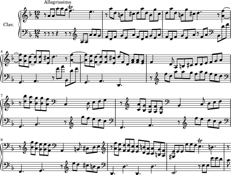 
\version "2.18.2"
\header {
  tagline = ##f
}

% petites notes
prallF = { \tag #'print { f4.\trill } \tag #'midi { g32 f g f~ f8 } }
prallC = { \tag #'print { c4.\trill } \tag #'midi { d32 c d c~ c8 } }
prallD = { \tag #'print { d4.\trill } \tag #'midi { e32 d e d~ d8 } } 

upper = \relative c'' {
  \clef treble 
  \key d \minor
  \time 12/8
  \tempo 4. = 100
  \set Staff.midiInstrument = #"harpsichord"

     s8*0^\markup{Allegrissimo}
    r8 % \bar ".|:"
     a8 a a' a g \prallF e4. | r8 a8 d,  b g' cis, \repeat unfold 2 { d a' d,  b g' cis, } d4. r8 < a f' >4~
     % ms. 4
     < a f' >8 < g e' > < f d' >~ q q < e cis' > d'4. r8 < a f' >4~ < a f' >8 < g e' > < f d' >~ q q < e cis' > d'8 f, d  < f a >8 q < e g > | f4 d8 a8 b cis  d d e  f g a | 
     % ms. 7
      r8 < d bes' >8 < c a' > < bes g' > q < a f' > \clef bass c,,4 d8 e f g | r8 \clef treble < c a' >8 < bes g' > < a f' > q < g e' > \clef bass bes,4 c8  d e f |  r8 \clef treble < bes' g' >8 < a f' > < g e' > q < f d' >  \clef bass a,,4 b8  cis d e | 
     % ms. 10
     \clef treble r8 < a' f' >8 < g e' > < f d' > q < e c' > q < d b' > < c a' > q < b g' > < a f' > | < gis e' > e' e e' e d \prallC b4. | r8

}

lower = \relative c' {
  \clef bass
  \key d \minor
  \time 12/8
  \set Staff.midiInstrument = #"harpsichord"

    % **************************************
     r8 r8 r8 r4 r8 r8   \clef treble a8 a a' a g | \repeat unfold 3 { f d f  g e a } r8 f   \tempo 4. = 72 a |   \tempo 4. = 100 \clef bass bes,,8 d' f |
     % ms. 4
     g,,4. a r8 f'' a  bes,, d' f | g,,4. a d, s4. | r8 \clef treble f'''8 d  a' a g  f a g  f e   \tempo 4. = 72 d | 
     % ms. 7
       \tempo 4. = 100 \clef bass  g,,,4. bes | r8 \clef treble g'''8 f  e d c |  \clef bass f,,,4. a | r8 \clef treble f'''8 e d c bes |  \clef bass f,,4. g r8 \clef treble e'''8 d  cis b a | 
     % ms. 10
     \clef bass d,,,4. d' d, d' | e,2. r8  e'8 e  e'e d | c8

} 

thePianoStaff = \new PianoStaff <<
    \set PianoStaff.instrumentName = #"Clav."
    \new Staff = "upper" \upper
    \new Staff = "lower" \lower
  >>

\score {
  \keepWithTag #'print \thePianoStaff
  \layout {
      #(layout-set-staff-size 17)
    \context {
      \Score
     \override SpacingSpanner.common-shortest-duration = #(ly:make-moment 1/2)
      \remove "Metronome_mark_engraver"
    }
  }
}

\score {
  \keepWithTag #'midi \thePianoStaff
  \midi { }
}
