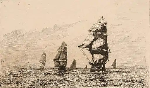 Sous voiles courant grand largue, 1864, eau-forte (10x17,2)