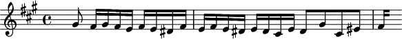 
\version "2.18.2"
\header {
  tagline = ##f
}

\score {
  \new Staff \with {

  }
<<
  \relative c'' {
    \key fis \minor
    \time 4/4
    \set Staff.midiInstrument = #"harpsichord" 

     %% CONTRE-SUJET fugue CBT II-14, BWV 883, fa-dièse mineur
     \partial 2. s8 gis8 fis16 gis fis e fis e dis fis | e fis e  dis e dis cis e dis8 gis cis, eis 
{ 
 % suppression des warnings :
 #(ly:set-option 'warning-as-error #f)
 #(ly:expect-warning (_ "stem does not fit in beam")) %% <= à traduire éventuellement
 #(ly:expect-warning (_ "beam was started here")) %% <= à traduire éventuellement
  \set stemRightBeamCount = #2
  fis4*1/4[ s]
}
  }
>>
  \layout {
     \context { \Score \remove "Metronome_mark_engraver" 
       }
  }
  \midi {} 
}
