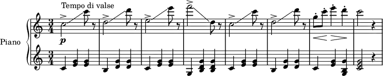 \version "2.18.2"
\header {
tagline = ##f
}
upper = \relative c'' {
\clef treble
\key c \major
\numericTimeSignature
\time 3/4
%\tempo 4 = 92
\tempo "tempo di valse"
\set Staff.midiInstrument = #"acoustic grand"
s8*0^\markup{Tempo di valse}
c2->\glissando\p c'8 r
d,2->\glissando d'8 r
e,2->\glissando e'8 r
f2->\glissando d,8 r
c2->\glissando c'8 r
d,2->\glissando d'8 r
g,8\<-. c\!-. e4\>-. d\!-.
c2 r4
}
uppermidi = \relative c'' {
\clef treble
\key c \major
\numericTimeSignature
\time 3/4
\tempo 4 = 112
\tempo "tempo di valse"
\set Staff.midiInstrument = #"acoustic grand"
c2 \grace { c16 d e f g a b } c8 r8
d,2 \grace { d16 e f g a b c } d8 r8
e,2 \grace { e16 f g a b c d } e8 r8
f2 \grace { f16 e d c b a g f e } d8 r8
c2 \grace {c16 d e f g a b } c8 r8
d,2 \grace { d16 e f g a b c } d8 r8
g,8\<-. c\!-. e4\>-. d\!-.
c2 r4
}
lower = \relative c' {
\clef treble
\key c \major
\numericTimeSignature
\time 3/4
\set Staff.midiInstrument = #"acoustic grand"
% c4 <e g> <e g>
c4 <e g> <e g>
b <d g> <d g>
c <e g> <e g>
g, <b d g> <b d g>
c <e g> <e g>
b <d g> <d g>
c <e g> <g, b g'>
<c e g>2 r4
}
\score {
\new PianoStaff <<
\set PianoStaff.instrumentName = #"Piano"
\new Staff = "upper" \upper
\new Staff = "lower" \lower
>>
\layout {
\context {
\Score
\remove "Metronome_mark_engraver"
}
}
}
% \markup "Partie Midi......"
\score {
\new PianoStaff <<
\set PianoStaff.instrumentName = #"Piano"
\new Staff = "upper" \uppermidi
\new Staff = "lower" \lower
>>
%\layout {}
\midi { }
}