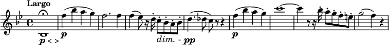 \version "2.18.2"
\relative c'' {
\key bes \major
\time 4/4
\tempo "Largo"
\tempo 4 = 50
bes,1 ^\fermata _\markup {\dynamic {p } < >}
f''4 \p (bes a g)
f2. f4
f (ees8) r16 d-. c8-.\dim bes-. a-. bes-.
d4.\pp (des8 c) r r4
f4 \p (bes a g)
c1 ~ c4 r8 r16 bes16-. a8-. g-. f-. e-.
g2 (f4) r
}