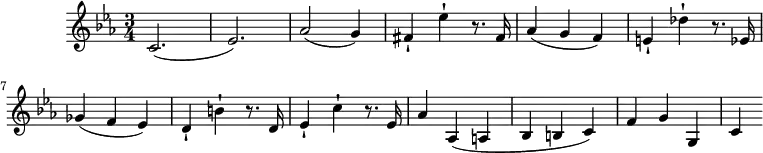 \version "2.18.2"
\header {
tagline = ##f
}
\score {
\new Staff \with {
}
<<
\relative c' {
\key c \minor
\time 3/4
\tempo 4 = 125
\override TupletBracket #'bracket-visibility = ##f
%%Mozart — Concerto 24, mvt 1, th. 1
c2.( ees2.) aes2( g4) fis-! ees'-! r8. fis,16 aes4( g f) e-! des'-! r8. ees,16 ges4( f ees) d-! b'-!
r8. d,16 ees4-! c'-! r8. ees,16 aes4 aes,4( a bes b c) f g g, c
}
>>
\layout {
\context { \Score \remove "Metronome_mark_engraver" }
}
\midi {}
}
