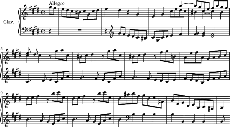 \version "2.18.2"
\header {
tagline = ##f
% composer = "Domenico Scarlatti"
% opus = "K. 246"
% meter = "Allegro"
}
%% les petites notes
%trillBesp = { \tag #'print { bes4.\prall } \tag #'midi { c32 bes c bes~ bes4 } }
upper = \relative c'' {
\clef treble
\key cis \minor
\time 2/2
\tempo 2 = 76
\set Staff.midiInstrument = #"harpsichord"
\override TupletBracket.bracket-visibility = ##f
\partial 4
s8*0^\markup{Allegro}
gis'8 fis | e dis cis bis cis gis cis dis | e4 dis r4 gis,4 | e gis
<< { s4 a'4~ | a8 gis cis, e fis a gis fis | e dis } \\
{ cis8 e dis cis | bis4 cis~ cis bis | cis cis } >>
% ms. 5 suite
\repeat unfold 2 { r8 gis'8 a cis, | bis cis dis4 } r8 fis8 gis b, |
% ms. 8
a8 e' fis a, gis a b cis | dis e fis4 r8 b8 cis e, | dis e fis4 r8 b8 cis e, |
% ms. 11
dis8 ais' b fis gis dis e ais, | b fis gis dis e b cis ais | b4
% ms. 14
}
lower = \relative c' {
\clef bass
\key cis \minor
\time 2/2
\set Staff.midiInstrument = #"harpsichord"
\override TupletBracket.bracket-visibility = ##f
% ************************************** \appoggiatura a16 \repeat unfold 2 { } \times 2/3 { } \omit TupletNumber
r4 | R1 | r4 \clef treble gis'8 fis e dis cis bis | cis gis cis dis e4 fis |
% ms. 4
< fis gis >4 < e gis > < dis fis >2 | cis4. dis8 e cis fis a | gis4. fis8 e cis fis a | gis4. fis8 e dis cis e |
% ms. 8
fis8 e dis b e fis gis a | \repeat unfold 2 { b4. a8 gis e a cis } |
% ms. 11
b4 \clef bass b, b b | b b, b b | b8
% ms. 14
}
thePianoStaff = \new PianoStaff <<
\set PianoStaff.instrumentName = #"Clav."
\new Staff = "upper" \upper
\new Staff = "lower" \lower
>>
\score {
\keepWithTag #'print \thePianoStaff
\layout {
#(layout-set-staff-size 17)
\context {
\Score
\override SpacingSpanner.common-shortest-duration = #(ly:make-moment 1/2)
\remove "Metronome_mark_engraver"
}
}
}
\score {
\keepWithTag #'midi \thePianoStaff
\midi { }
}