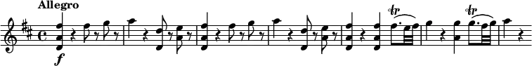 
\relative c'' {
  \tempo "Allegro"
  \version "2.18.2"
  \key d \major
  <fis a, d,>4\f r fis8 r g r |
  a4 r <d, d,>8 r <e a,> r |
  <fis a, d,>4 r fis8 r g r |
  a4 r <d, d,>8 r <e a,> r |
  <fis a, d,>4 r <fis a, d,> fis8.(\trill e32 fis) |
  g4 r <a, g'>4 g'8.(\trill fis32 g) |
  a4 r
}
