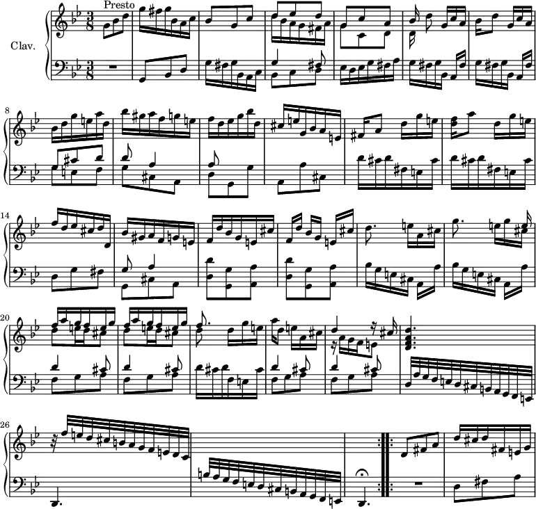 
\version "2.18.2"
\header {
  tagline = ##f
  % composer = "Domenico Scarlatti"
  % opus = "K. 76"
  % meter = "Presto"
}

%% les petites notes
%trillBesp     = { \tag #'print { bes4.\prall } \tag #'midi { c32 bes c bes~ bes4 } }

upper = \relative c'' {
  \clef treble 
  \key g \minor
  \time 3/8
  \tempo 4. = 58
  \set Staff.midiInstrument = #"harpsichord"
  \override TupletBracket.bracket-visibility = ##f

  \repeat volta 2 {
      s8*0^\markup{Presto}
      g8 bes d | g16 fis g bes, a c | bes8 g c | << { d8 ees d | g, c a | bes16 } \\ { d16 bes a g fis a | g8 c, d | d16 } >> d'8 g,16[ c a]
      % ms. 7
      bes16 d8 g,16[ c a] | bes d g e a d, | bes' gis a f g e | f d ees g bes d, | cis e g, bes a e | fis16 a8 d16[ g e]
      % ms. 13
      < d f >16 a'8 d,16[ g e] | f d ees cis d d, | bes' gis a f g e  | f d' bes g e cis' | f,[ d'] bes g e[ cis'] | d8. e16[ a, cis] |
      % ms. 19
      g'8. << { s8 e16 \repeat unfold 2 { f16 a g f e g } | f8. } \\ { e16 g cis, | \repeat unfold 2 { d8 e16 d cis8 } | d8 } >> d16 g e | a16 d,8 e16[ a, cis] | << { d4 r16 cis16 } \\ { r16 a16 g f e8 } >>
      % ms. 25
      < d f a d >4. | r32 f'32 e d cis b a g f e d c | \stemUp  \change Staff = "lower"  b a g f e d cis b a g f e | s4.  }%repet
      \stemNeutral   \change Staff = "upper"
      % ms. 29
      d''8 fis a | d16 cis d fis, e g

}

lower = \relative c' {
  \clef bass
  \key g \minor
  \time 3/8
  \set Staff.midiInstrument = #"harpsichord"
  \override TupletBracket.bracket-visibility = ##f

  \repeat volta 2 {
    % ************************************** \appoggiatura a16  \repeat unfold 2 {  } \times 2/3 { }   \omit TupletNumber 
      R4. | g,8 bes d | g16 fis g bes, a c | << { g'4 fis8 } \\ { bes,8 c d } >> | ees16 d ees g fis a | \repeat unfold 2 { g fis g bes, a[ fis'] }
      % ms. 8
      << { g8 cis d | d a4 | a8 } \\ { g8 e f | g cis, a | d g, g' } >> | a, a' cis, | \repeat unfold 2 { d'16 cis d fis, e cis' } |
      % ms. 14
      d,8 g fis | << { g8 a4 } \\ { g,8 cis a } >> | \repeat unfold 2 { < d d' >8 < g, g' > < a a' > } | \repeat unfold 2 { bes'16 g e cis a[ a'] } |
      % ms. 20
      \repeat unfold 2 { << { d4 cis8 } \\ { f,8 g a } >> } | d16 cis d f, e cis' | \repeat unfold 2 { << { d4 cis8 } \\ { f,8 g a } >> } |
      % ms. 25
      d,32 a' g f e d cis b a g f e | d4. | s4. | d4.\fermata }%repet
      % ms. 29
      \bar ":..:"  R4. | d'8 fis a | 

}

thePianoStaff = \new PianoStaff <<
    \set PianoStaff.instrumentName = #"Clav."
    \new Staff = "upper" \upper
    \new Staff = "lower" \lower
  >>

\score {
  \keepWithTag #'print \thePianoStaff
  \layout {
      #(layout-set-staff-size 17)
    \context {
      \Score
     \override SpacingSpanner.common-shortest-duration = #(ly:make-moment 1/2)
      \remove "Metronome_mark_engraver"
    }
  }
}

\score {
  \unfoldRepeats
  \keepWithTag #'midi \thePianoStaff
  \midi { }
}
