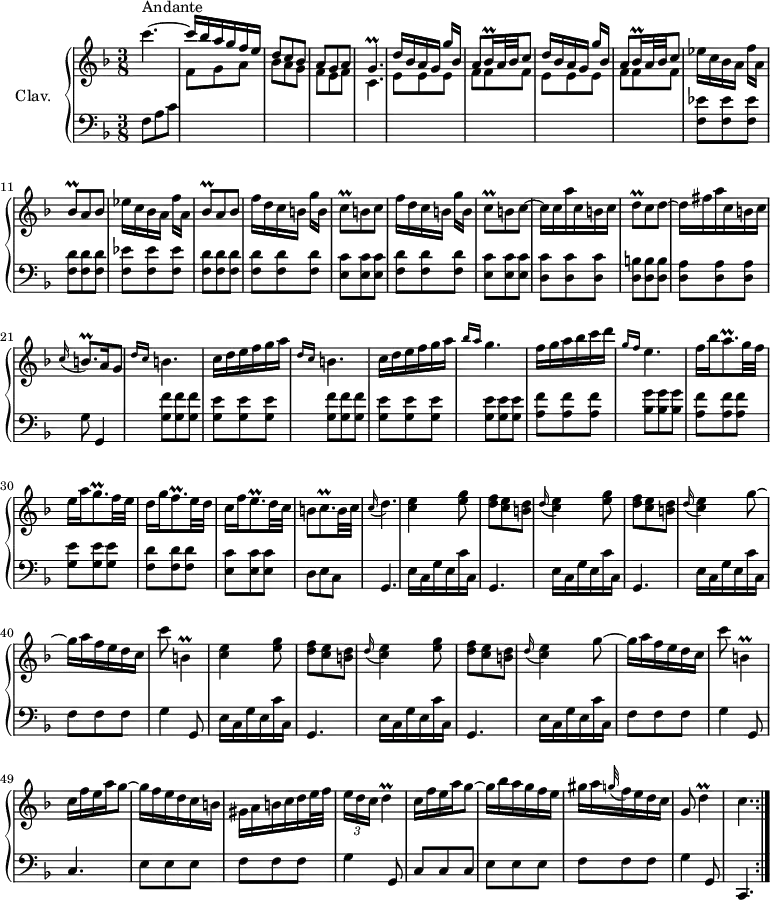 
\version "2.18.2"
\header {
  tagline = ##f
  % composer = "Domenico Scarlatti"
  % opus = "K. 354"
  % meter = "Andante"
}

%% les petites notes
trillGp      = { \tag #'print { g4.\prall } \tag #'midi { a32 g a g~ g4 } }
trillBesqq   = { \tag #'print { bes16\prall } \tag #'midi { \times 2/3 { bes32 c bes } } }
trillCq      = { \tag #'print { c8\prall } \tag #'midi { d32 c d c } }
trillBesq    = { \tag #'print { bes8\prall } \tag #'midi { c32 bes c bes } }
trillDq      = { \tag #'print { d8\prall } \tag #'midi { e32 d e d } }
trillD       = { \tag #'print { d4\prall } \tag #'midi { e32 d e d~   \tempo 4. = 30 d8 } }
trillDUp     = { \tag #'print { d'4\prall } \tag #'midi { e32 d e d~ d8 } }
trillBDown   = { \tag #'print { b,4\prall } \tag #'midi { c32 b c b~ b8 } }
trillBqp     = { \tag #'print { b8.\prall } \tag #'midi { c32 b c b~ b16 } }
trillGqp     = { \tag #'print { g8.\prall } \tag #'midi { a32 g a g~ g16 } }
trillAqp     = { \tag #'print { a8.\prall } \tag #'midi { bes32 a bes a~ a16 } }
trillEqp     = { \tag #'print { e8.\prall } \tag #'midi { f32 e f e~ e16 } }
trillFqp     = { \tag #'print { f8.\prall } \tag #'midi { g32 f g f~ f16 } }
trillCqp     = { \tag #'print { c8.\prall } \tag #'midi { d32 c d c~ c16 } }

upper = \relative c'' {
  \clef treble 
  \key f \major
  \time 3/8
  \tempo 4. = 60
  \set Staff.midiInstrument = #"harpsichord"
  \override TupletBracket.bracket-visibility = ##f

  \repeat volta 2 {
      s8*0^\markup{Andante}
      c'4.~ \stemUp | c16 bes a g f e | d8 c bes | a g a | \trillGp | \repeat unfold 2 { d'16 bes a g g'[ bes,] | 
      % ms. 7
      a8 \trillBesqq a32 bes c8 } | \stemNeutral \repeat unfold 2 { ees16 c bes a f'[ a,] |
      % ms. 13
      \trillBesq a8 bes } | 
      \repeat unfold 2 { f'16 d c b g'[ b,] | \trillCq b8 c~ } | c16 c a' c, b c |
      % ms. 19
      \trillDq c8 d~ | d16 fis a c, b c | \appoggiatura c16 \trillBqp  a16 \tempo 4. = 20 g8 | \tempo 4. = 60
      \repeat unfold 2 { \grace { \tempo 4. = 40 d'16 c }   \tempo 4. = 60 b4. | c16 d e f g a } |
      % ms. 26
      \grace { \tempo 4. = 40 bes16 a }  \tempo 4. = 60 g4. | f16 g a bes c d | 
      \grace { \tempo 4. = 40 g,16 f }   \tempo 4. = 60 e4. |
      % ms. 29
      f16 bes \trillAqp g32 f | e16 a \trillGqp f32 e | d16 g \trillFqp e32 d |  c16 f \trillEqp d32 c | b8 \trillCqp b32 c |
      % ms. 34
      \appoggiatura c16 d4. | 
      \repeat unfold 2 { < c e >4 < e g >8 | < d f > < c e > < b d > | \appoggiatura d16 < c e >4 < e g >8 | < d f > < c e > < b d > | \appoggiatura d16 < c e >4 g'8~ |
      % ms. 40
      g16 a f e d c | c'8 \trillBDown }
      % ms. 48
      c16 f e a g8~ | g16 f e d c b | gis a b c d e32 f |
      % ms. 52    
      \times 2/3 { e16 d c } \trillD | c16 f e a g8~ | g16 bes a g f e | gis a \appoggiatura g32 f16 e d c | g8 \trillDUp | c4.   \tempo 4. = 60 }%repet

}

lower = \relative c' {
  \clef bass
  \key f \major
  \time 3/8
  \set Staff.midiInstrument = #"harpsichord"
  \override TupletBracket.bracket-visibility = ##f

  \repeat volta 2 {
    % ************************************** \appoggiatura a16  \repeat unfold 2 {  } \times 2/3 { }   \omit TupletNumber 
      f,8 a c \stemDown \change Staff = "upper" | f g a | bes a g | f e f | c4. | \repeat unfold 2 { e8 e e |
      % ms. 7
      f8 f f } | \stemNeutral \change Staff = "lower" \repeat unfold 2 { < f, ees' >8 q q | 
      % ms. 13
      < f d' >8 q q } | \repeat unfold 2 { < f d' >8 q q | < e c' > q q } | < d c' >8 q q |
      % ms. 19
      < d b' >8 q q | < d a' > q q | g8 g,4 | \repeat unfold 2 { < g' f' >8 q q |
      % ms. 24
      < g e' > q q } | q q q | < a f' > q q | < bes g' > q q |
      % ms. 29
      < a f' >8 q q | < g e' > q q | < f d' > q q | < e c' > q q | d e c |
      % ms. 34
      g4. | \repeat unfold 2 { e'16 c g' e c' c, | \repeat unfold 2 { g4. | e'16 c g' e c' c, } |
      % ms. 34
      f8 f f | g4 g,8 } |
      % ms. 49
      c4. | e8 e e | f f f | 
      % ms. 52
      g4 g,8  \tempo 4. = 60  | c c c | e e e | f f f | g4 g,8 | c,4. }%repet

}

thePianoStaff = \new PianoStaff <<
    \set PianoStaff.instrumentName = #"Clav."
    \new Staff = "upper" \upper
    \new Staff = "lower" \lower
  >>

\score {
  \keepWithTag #'print \thePianoStaff
  \layout {
      #(layout-set-staff-size 17)
    \context {
      \Score
     \override SpacingSpanner.common-shortest-duration = #(ly:make-moment 1/2)
      \remove "Metronome_mark_engraver"
    }
  }
}

\score {
  \unfoldRepeats
  \keepWithTag #'midi \thePianoStaff
  \midi { }
}

