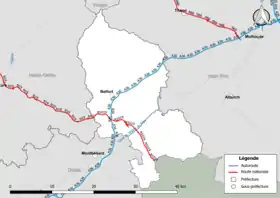 Carte du réseau routier national (autoroutes et routes nationales) dans le département du Territoire de Belfort