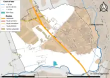 Représentation des routes, rivières et zones d'habitation d'une commune sur une carte.