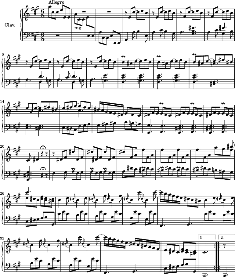 \version "2.18.2"
\header {
tagline = ##f
% composer = "Domenico Scarlatti"
% opus = "K. 457"
% meter = "Allegro"
}
%% les petites notes
trillBq = { \tag #'print { b8\prall } \tag #'midi { cis32 b cis b } }
trillEq = { \tag #'print { e8\prall } \tag #'midi { fis32 e fis e } }
trillBisq = { \tag #'print { bis8\prall } \tag #'midi { cis32 bis cis bis } }
trillAq = { \tag #'print { a8\prall } \tag #'midi { b32 a b a } }
upper = \relative c'' {
\clef treble
\key a \major
\time 6/8
\tempo 4. = 92
\set Staff.midiInstrument = #"harpsichord"
\override TupletBracket.bracket-visibility = ##f
\repeat volta 2 {
s8*0^\markup{Allegro}
a'8 cis, cis e e, e | R2.*2 | \repeat unfold 2 { r8 e8 cis'~ cis d b } |
% ms. 6
\repeat unfold 2 { r8 fis8 cis'~ cis d b } | \repeat unfold 3 { r8 e,8 cis'~ cis d b } |
% ms. 11
\repeat unfold 2 { \trillBq ais8 cis~ cis d b } |
<< { \trillBq ais8 cis~ cis dis bis | cis gis cis~ cis dis bis | cis dis e~ e dis cis }
\\ { \repeat unfold 3 { s4. a4. } } >>
% ms. 16
bis16 a gis fis e dis e8 dis cis | \repeat unfold 3 { dis8 fis e \trillEq dis8 cis } |
% ms. 20
cis8 dis4 r4 r8^\markup { \translate #'(-1.1 . 0.1) \musicglyph #"scripts.ufermata" } |
% ms. 21
r8 \repeat unfold 4 { dis8 fis dis' } | \repeat unfold 4 { fis,8 a fis' }
% ms. 25 suite
fis,8 a << { s4 bis'8 | cis4. } \\ { a8 gis fis | e dis cis } >> < dis fis >8 < cis e > < bis dis > |
% ms. 27
cis4 \repeat unfold 2 { e8 \appoggiatura dis16 cis4 } | \repeat unfold 2 { gis'8 \appoggiatura dis16 cis4 } | cis'8 \appoggiatura dis,16 cis4 cis'8~
% ms. 30
cis16 b a gis fis e dis8 cis bis | cis4 \repeat unfold 2 { e8 \appoggiatura dis16 cis4 } | \repeat unfold 2 { gis'8 \appoggiatura dis16 cis4 } | cis'8 \appoggiatura dis,16 cis4 cis'8~
% ms. 34
cis16 b a gis fis e dis cis bis a gis fis | e8 dis cis < dis fis > < cis e > < bis dis > }%repet
\alternative {
{ cis2. }
{ \bar ":..:" r8 s4 }
}
}
lower = \relative c' {
\clef bass
\key a \major
\time 6/8
\set Staff.midiInstrument = #"harpsichord"
\override TupletBracket.bracket-visibility = ##f
\repeat volta 2 {
% ************************************** \appoggiatura a16 \repeat unfold 2 { } \times 2/3 { } \omit TupletNumber
R2. | \stemDown \change Staff = "upper" a'8-\markup{mg} cis, cis e \stemNeutral \change Staff = "lower" e, e | a cis, cis e e, e | a4 a'8 b4 e,8 |
% ms. 5
a4 cis8 b4 gis8 | a4. < gis b eis >4. | a4 cis8 << { eis4. | s4. d4. | a4 cis8 d4. } \\ { \mergeDifferentlyDottedOn gis,4 b8 | a4. fis4 g8 | a4. fis4 g8 } >>
% ms. 10
a4. < g e' >4. | \repeat unfold 2 { < fis cis' e >4. < g cis e > } | < fis cis' e >4. < dis fis > | < e gis > < dis fis > |
% ms. 15
e8 dis cis fis gis a | gis ais bis cis b a | < gis, gis' >4. < a fis' > | \repeat unfold 2 { < gis dis' fis >4. < a dis fis > } |
% ms. 20
< gis dis' gis >4. r4 r8^\markup { \translate #'(-1.1 . 0.1) \musicglyph #"scripts.ufermata" } |
% ms. 21
fis'4 gis8 | \repeat unfold 3 { \trillAq fis8 gis } | a8 dis cis \repeat unfold 4 { \trillBisq dis8 cis }
% ms. 25 suite
b8 ais gis | cis, dis e fis gis gis, |
% ms. 27
\repeat unfold 2 { cis'8 e cis b e cis | a e' cis gis e' cis | fis, e' cis e, e' cis |
% ms. 30
fis,,4. gis } |
% ms. 35
cis8 dis e fis gis gis, }%repet
\alternative {
{ cis,2. }
{ \bar ":..:" cis4. }
}
}
thePianoStaff = \new PianoStaff <<
\set PianoStaff.instrumentName = #"Clav."
\new Staff = "upper" \upper
\new Staff = "lower" \lower
>>
\score {
\keepWithTag #'print \thePianoStaff
\layout {
#(layout-set-staff-size 17)
\context {
\Score
\override SpacingSpanner.common-shortest-duration = #(ly:make-moment 1/2)
\remove "Metronome_mark_engraver"
}
}
}
\score {
\unfoldRepeats
\keepWithTag #'midi \thePianoStaff
\midi { }
}