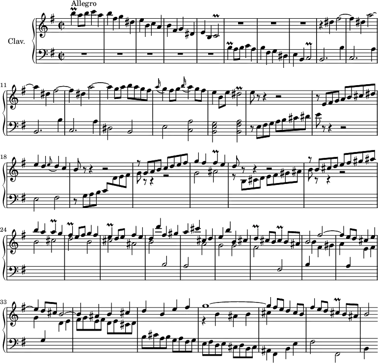 
\version "2.18.2"
\header {
  tagline = ##f
}

%% les petites notes
trillCb      = { \tag #'print { c2\prall } \tag #'midi { d16 c d c~ c4 } }
trillDisb    = { \tag #'print { dis2\prall } \tag #'midi { e16 dis e dis~ dis4 } }
trillBUp     = { \tag #'print { b'4\prall } \tag #'midi { c16 b c b } }
trillB       = { \tag #'print { b4\prall } \tag #'midi { c16 b c b } }
trillFis     = { \tag #'print { fis4\prall } \tag #'midi { g16 fis g fis } }
trillA       = { \tag #'print { a4\prall } \tag #'midi { b16 a b a } }
trillE       = { \tag #'print { e4\prall } \tag #'midi { fis16 e fis e } }
trillD       = { \tag #'print { d4\prall } \tag #'midi { e16 d e d } }
trillCis     = { \tag #'print { cis4\prall } \tag #'midi { d16 cis d cis } }

upper = \relative c'' {
  \clef treble 
  \key e \minor
  \time 2/2
  \tempo 2 = 100
  \set Staff.midiInstrument = #"harpsichord"
  \override TupletBracket.bracket-visibility = ##f

      s8*0^\markup{Allegro}
      \trillBUp a8 b c4 a | b fis g dis | e b c a | b fis g dis |
      % ms. 5
      e4 b \trillCb | R1*3 | r4 \repeat unfold 2 { dis'4 fis2~ |
      % ms. 10
      fis4 dis a'2~ | a4 } | g8 a b a g fis | \appoggiatura a16 g4 fis8 g \appoggiatura b16 a4 g8 fis |
      % ms. 15
      e4 b8 e \trillDisb | e8 r8 r4 r2 | \stemUp r8 e,8 fis g a b cis dis | e4 d \appoggiatura e8 d4 c |
      % ms. 19
      b8 r8 r4 r2 | r8 g8 a b c d e fis | g4 fis \trillFis e4 | d8 r8 r4 r2 |
      % ms. 23
      r8 b8 cis d e fis gis ais | b4 a \trillA g4 | \trillFis e8 fis g4 fis | \trillE d8 e fis4 e |
      % ms. 27
      d4 d' fis, gis | a cis cis, d | e b' b, cis | \trillD cis8 b \trillCis b8 ais | b2 fis'^~ |
      % ms. 32
      fis4 e8 d cis4 e^~ | e d8 cis b2^~ | b4 ais b cis | d b e fis |
      % ms. 36
      << { g1~ | g4 } \\ { r4 b,4 ais b | cis } >> fis8 e d4 cis8 b | fis'4 e8 d \trillCis b8 ais | b2

}

lower = \relative c' {
  \clef bass
  \key e \minor
  \time 2/2
  \set Staff.midiInstrument = #"harpsichord"
  \override TupletBracket.bracket-visibility = ##f

    % ************************************** \appoggiatura \repeat unfold 2 {  } \times 2/3 { }
      R1*5 | \trillB a8 b c4 a | b fis g dis | e b \trillCb | \repeat unfold 2 { b2. b'4 |
      % ms. 10
      c,2. a'4 } | dis,2 b | e < c a' >2 
      % ms. 15
      < b e g >2 < b fis' a > | r8 e8 fis g a b cis dis | e r8 r4 r2 | e,2 fis |
      % ms. 19
      r8 g8 a b \stemUp c  \stemDown \change Staff = "upper" d e fis g r8 r4 r2 | g2 ais | r8 b,8 cis d e fis gis ais |
      % ms. 23
      b8 r8 r4 r2 | b2 cis | d b | cis ais | b \stemUp \change Staff = "lower" b, | a \stemDown \change Staff = "upper" a' | g g | fis \stemUp \change Staff = "lower" fis, b4 \stemDown \change Staff = "upper" b' fis gis |
      % ms. 32
      a4  \stemUp \change Staff = "lower" a, \stemDown \change Staff = "upper" e' fis | g \stemUp \change Staff = "lower" g, \stemDown \change Staff = "upper"  d' e | fis8 g e fis d e cis d | \change Staff = "lower" b8 cis a b g a fis g |
      % ms. 36
      e8 fis d e cis d b cis | ais4 fis b e | fis2 fis, | b4 s4

}

thePianoStaff = \new PianoStaff <<
    \set PianoStaff.instrumentName = #"Clav."
    \new Staff = "upper" \upper
    \new Staff = "lower" \lower
  >>

\score {
  \keepWithTag #'print \thePianoStaff
  \layout {
      #(layout-set-staff-size 17)
    \context {
      \Score
     \override SpacingSpanner.common-shortest-duration = #(ly:make-moment 1/2)
      \remove "Metronome_mark_engraver"
    }
  }
}

\score {
  \keepWithTag #'midi \thePianoStaff
  \midi { }
}
