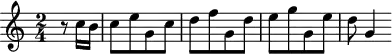 
\version "2.18.2"
\header {
  tagline = ##f
}

\score {
  \new Staff \with {

  }
<<
  \relative c'' {
    \clef treble 
    \key c \major
    \time 2/4

     %% Vivaldi
     \partial 4
     r8 c16 b c8[ e g, c] d[ f g, d'] e[ g g, e'] d g,4

  }
>>
  \layout {
     \context { \Score \remove "Metronome_mark_engraver" 
     %\override SpacingSpanner.common-shortest-duration = #(ly:make-moment 1/2) 
}
  }
  \midi {} 
}
