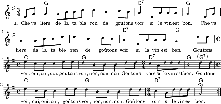 <<
\chords { \set ChordNames.midiMaximumVolume = #0.65
s4 g,2.*2 d,2.:7 g,2.*3 d,2.:7 g,
c1 g, d,2.:7 g,2 \parenthesize g,4:7 c1 g, d,2.:7 g,
}
\new Voice = "default" { \relative c' {
\time 3/4 \key g \major \partial 4
d8 g g4 g8 b b d d4 b c8 b a4 d,8 a' a a g2
d8 g g4 g8 b b d d4 b c8 b a4 d,8 a' a a g2 d'8 d
\time 4/4 e4 c8 c c4 e8 e d4 b8 b b4 d8 d
\time 3/4 c4 a8 d d d b2 d8 d
\time 4/4 e4 c8 c c4 e8 e d4 b8 b b4 d8 d
\time 3/4 c4 a8 d d d g,2.\fermata \bar ":|."
}}
\new Lyrics \lyricsto "default" {
\set stanza = "1. "
Che -- va -- liers de la ta -- ble ron -- de,
goû -- tons voir si le vin est bon.
Che -- va -- liers de la ta -- ble ron -- de,
goû -- tons voir si le vin est bon.
Goû -- tons voir, oui, oui, oui,
goû -- tons voir, non, non, non,
Goû -- tons voir si le vin est bon.
Goû -- tons voir, oui, oui, oui,
goû -- tons voir, non, non, non,
Goû -- tons voir si le vin est bon.
}
>>
\layout { indent = #0 }
\midi { \tempo 2 = 64 }