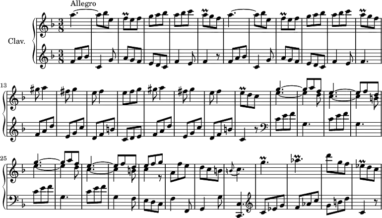 \version "2.18.2"
\header {
tagline = ##f
}
%% les petites notes
trillFq = { \tag #'print { f8\prall } \tag #'midi { g32 f g f } }
trillAq = { \tag #'print { a8\prall } \tag #'midi { bes32 a bes a } }
trillEq = { \tag #'print { e8\prall } \tag #'midi { f32 e f e } }
trillEesq = { \tag #'print { ees8\prall } \tag #'midi { f32 ees f ees } }
trillG = { \tag #'print { g'4.\prall } \tag #'midi { a32 g a g~ g8~ g8 } }
trillAes = { \tag #'print { aes4.\prall } \tag #'midi { bes32 aes bes aes~ aes8~ aes8 } }
trillBappo = { \tag #'print { \appoggiatura b8 c4. } \tag #'midi { b4 \tempo 4. = 15 c8 } }
upper = \relative c'' {
\clef treble
\key f \major
\time 3/8
\tempo 4. = 90
\set Staff.midiInstrument = #"harpsichord"
s8*0^\markup{Allegro}
a'4.~ | a8 bes e, \trillFq e8 f | g a bes | a bes c | \trillAq g8 f |
% ms. 7
a4.~ | a8 bes e, \trillFq e8 f | g a bes | a bes c | \trillAq g8 f | gis a4 |
% ms. 14
fis8 g4 | e8 f4 | e8 f g | gis8 a4 | fis8 g4 | e8 f4 | \trillEq d8 c |
% ms. 21
\repeat unfold 2 { << { g'4.~ | g8 a f | e4.~ | e8 f d } \\ { e4.~ | e4 d8 | c4.~ | c4 b8 } >> }
% ms. 29
<< { e8 f g } \\ { c,4 r8 } >> a f' e | d c b | \trillBappo | \tempo 4. = 90 \trillG \trillAes |
% ms. 35
d8 g, f | \trillEesq d8 c
}
lower = \relative c' {
\clef bass
\key f \major
\time 3/8
\set Staff.midiInstrument = #"harpsichord"
% **************************************
\clef treble f8 a bes c,4 g'8 | a g f | e d c | f4 e8 | f4 r8 |
% ms. 7
f8 a bes c,4 g'8 | a g f | e d c | f4 e8 | f4. | f8 a d |
% ms. 14
e,8 g c | d, f b | c, d e | f8 a d | e, g c | d, f b | c,4 r8
% sm. 21
\clef bass \repeat unfold 3 { c8 e f | g,4. } | c8 e f |
% ms. 28
g,4 f8 | e d c | f4 f,8 | g4 g'8 | < c,, c' >4. | \clef treble c''8 ees g | f aes c |
% ms. 35
g b d | c,4 r8
}
thePianoStaff = \new PianoStaff <<
\set PianoStaff.instrumentName = #"Clav."
\new Staff = "upper" \upper
\new Staff = "lower" \lower
>>
\score {
\keepWithTag #'print \thePianoStaff
\layout {
#(layout-set-staff-size 17)
\context {
\Score
\override SpacingSpanner.common-shortest-duration = #(ly:make-moment 1/2)
\remove "Metronome_mark_engraver"
}
}
}
\score {
\keepWithTag #'midi \thePianoStaff
\midi { }
}