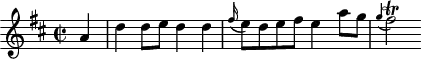 
\header {
  tagline = ##f
}

\score {
  \new Staff \with {

  }
<<
  \relative c'' {
    \key d \major
    \time 2/2
    \override TupletBracket #'bracket-visibility = ##f 
    \autoBeamOff

     %%%%%%%%%%%%%%%%%%%%%%%%%% K25
     \partial 4 a4 d d8[ e] d4 d \grace fis16( e8)[d e fis] e4 a8[ g] \grace g4( fis2\trill)

  }
>>
  \layout {
    \context {
      \remove "Metronome_mark_engraver"
    }
  }
  \midi {}
}
