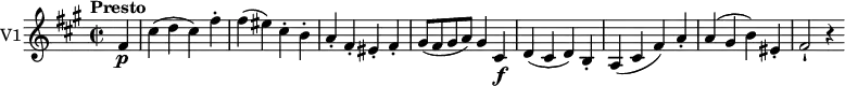\version "2.18.2"
\new Staff \with { instrumentName = #"V1"}
\relative c' {
\key a\major
\tempo "Presto"
\time 2/2
\tempo 4 = 230
\partial4 fis4 \p cis' (d cis) fis-.
fis (eis) cis-. b-.
a-. fis-. eis-. fis-.
gis8 (fis gis a) gis4 cis, \f
d (cis d) b-.
a (cis fis) a-.
a (gis b) eis,-.
fis2-! r4
}