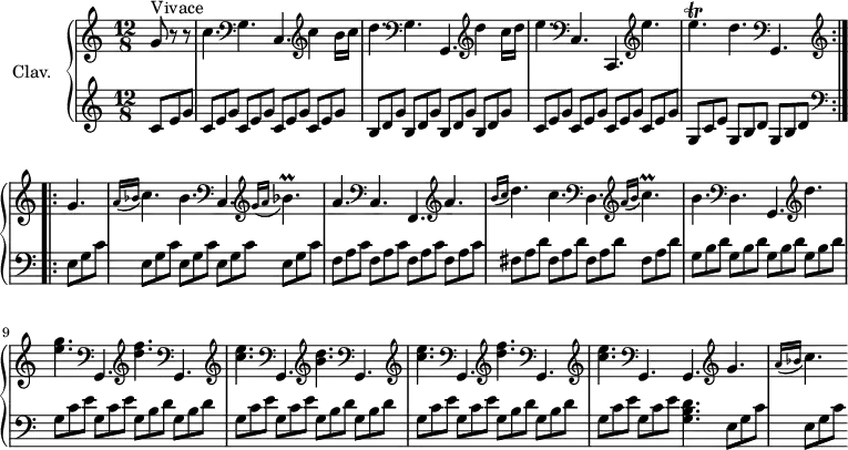 \version "2.18.2"
\header {
tagline = ##f
}
%% les petites notes
trillE = { \tag #'print { e4.\trill } \tag #'midi { f16 e f e~ e8 } }
trillBes = { \tag #'print { bes4.)\prall } \tag #'midi { c16 bes c bes~ bes8 } }
trillC = { \tag #'print { c4.)\prall } \tag #'midi { d16 c d c~ c8 } }
upper = \relative c'' {
\clef treble
\key c \major
\time 12/8
\tempo 4. = 126
\set Staff.midiInstrument = #"harpsichord"
s8*0^\markup{Vivace}
\repeat volta 2 {
g8 r8 r8 | c4. \clef bass g, c, \clef treble c''4 b16 c | d4. \clef bass g,, g, \clef treble d'''4 c16 d |
% ms. 3
e4. \clef bass c,, c, \clef treble e'''4. | \trillE d4. \clef bass g,,,
} \set Score.doubleRepeatType = #":..:"
\repeat volta 1 { \clef treble
g''4. \grace { \tempo 4. = 45 a16( bes } \tempo 4. = 126 c4.) \tempo 4. = 126 bes4. \clef bass c,, \clef treble \grace { \tempo 4. = 45 g''16( a } \tempo 4. = 126 \trillBes |
% ms. 6
a4. \clef bass c,, f, \clef treble a''4. | \grace { \tempo 4. = 45 b16( c } \tempo 4. = 126 d4.) c | \clef bass d,, \clef treble \grace { \tempo 4. = 45 a''16( b } \tempo 4. = 126 \trillC | b4. \clef bass d,, g, \clef treble d'''4. |
% ms. 9
< e g >4. \clef bass g,,, \clef treble < d''' f > \clef bass g,,, \clef treble < c'' e > \clef bass g,, \clef treble < b'' d > \clef bass g,, \clef treble < c'' e > \clef bass g,, \clef treble < d''' f > \clef bass g,,,
% ms. 12
\clef treble < c'' e > \clef bass g,, \tempo 4. = 60 g \tempo 4. = 126 \clef treble g'' \grace { \tempo 4. = 45 a16( bes } \tempo 4. = 126 c4.)
}\bar ""
}
lower = \relative c' {
\clef bass
\key c \major
\time 12/8
\set Staff.midiInstrument = #"harpsichord"
\repeat volta 2 {
% **************************************
\partial 4.
\clef treble \repeat unfold 5 { c8 e g } \repeat unfold 4 { b,8 d g } \repeat unfold 4 { c,8 e g } g, c e \repeat unfold 2 { g, b d }
}
\repeat volta 1 {
\clef bass \repeat unfold 5 { e, g c } \repeat unfold 4 { f, a c } \repeat unfold 4 { fis, a d } \repeat unfold 4 { g, b d } \repeat unfold 3 { \repeat unfold 2 { g, c e } \repeat unfold 2 { g, b d } }
% ms. 12
\repeat unfold 2 { g, c e } \tempo 4. = 100 < g, b d >4. \repeat unfold 2 { e8 g c }
} %repet
}
thePianoStaff = \new PianoStaff <<
\set PianoStaff.instrumentName = #"Clav."
\new Staff = "upper" \upper
\new Staff = "lower" \lower
>>
\score {
\keepWithTag #'print \thePianoStaff
\layout {
#(layout-set-staff-size 17)
\context {
\Score
\override SpacingSpanner.common-shortest-duration = #(ly:make-moment 1/2)
\remove "Metronome_mark_engraver"
}
}
}
\score {
\unfoldRepeats
\keepWithTag #'midi \thePianoStaff
\midi { }
}