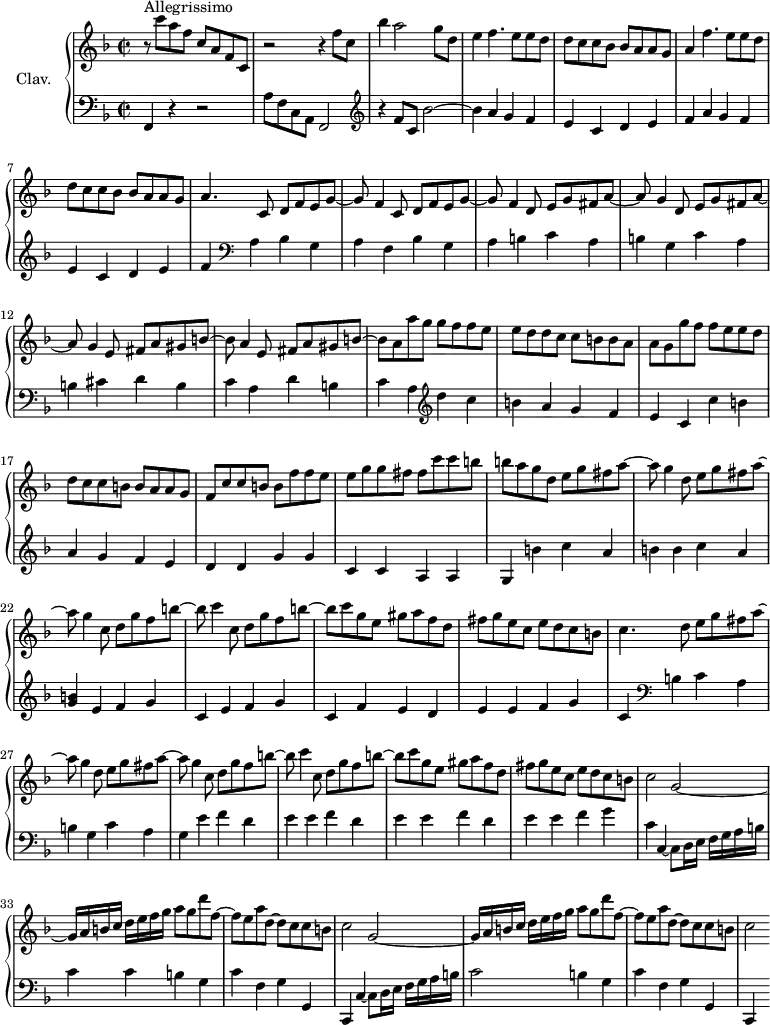 
\version "2.18.2"
\header {
  tagline = ##f
  % composer = "Domenico Scarlatti"
  % opus = "K. 482"
  % meter = "Allegrissimo"
}

%% les petites notes
%trillBesp     = { \tag #'print { bes4.\prall } \tag #'midi { c32 bes c bes~ bes4 } }

upper = \relative c'' {
  \clef treble 
  \key f \major
  \time 2/2
  \tempo 2 = 92

      s8*0^\markup{Allegrissimo}
      r8 c'8 a f c a f c | r2 r4 f'8 c | bes'4 a2  g8 d | e4 f4. e8 e d |
      % ms. 5
      d8 c c bes bes a a g | a4 f'4. e8 e d | d8 c c bes bes a a g | a4. \repeat unfold 2 { c,8 d f e g~ |
      % ms. 10
       g f4 } \repeat unfold 2 { d8 e g fis a~ | a g4 } e8 fis a gis b~ | b a4 e8 fis a gis b~ |
      % ms. 14
      b a a' g \repeat unfold 2 { g f f e   e d d c  c b b a   a g } 
      % ms. 18
      f8 c' c b b f' f e | e g g fis fis c' c b | b a g d e g fis a~ | a g4 d8 e g fis a~ |
      % ms. 22
      a8 g4  c,8 d g f b~ | b c4 c,8 d g f b~ | b c g e gis a f d | fis g e c e d c b |
      % ms. 26
      c4. \repeat unfold 2 { d8 e g fis a~ | a g4 } c,8 d g f b~ | b c4 c,8 d g f b~ |
      % ms. 30
      b8 c g e gis a f d | fis g e c e d c b | \repeat unfold 2 { c2 g~ | g16[ a b c] d e f g a8 g d' f,~ |
      % ms. 34
      f8 e a d,~ d c c b } |
      % ms. 38
      c2

}

lower = \relative c' {
  \clef bass
  \key f \major
  \time 2/2

    % ************************************** \appoggiatura a16  \repeat unfold 2 {  } \times 2/3 { }   \omit TupletNumber 
      f,,4 r4 r2 | a'8 f c a f2   \clef treble  | r4 f''8 c bes'2~ |
      bes4 \repeat unfold 2 { a g f | 
      % ms. 8 début…
      e c d e | f }   \clef bass a,4 bes g | a f bes g |
      % ms. 10
      a4 b c a | b g c a | b cis d b | c a d b | 
      % ms. 14
      c4 a   \clef treble  d' c | b a g f  | e c c' b | a g f e | 
      % ms. 18
      d4 d g g | c, c a a | g b' c a | b b c a |
      % ms. 22
      < g b >4 \repeat unfold 2 { e f g | c, } f e d | e e f g |
      % ms. 26
      c, \clef bass  b c a | b g c a | g e' f d | \repeat unfold 2 { e e f d } | 
      % ms. 31
      e4 e f g | c, c,4~ c8 d16 e f[ g a b] | c4 c b g |
      % ms. 34
      c4 f, g g, | c, c'~ c8 d16 e f[ g a b] | c2 b4 g | c f, g g, |
      % ms. 38
      c,4 s4

}

thePianoStaff = \new PianoStaff <<
    \set PianoStaff.instrumentName = #"Clav."
    \new Staff = "upper" \upper
    \new Staff = "lower" \lower
  >>

\score {
  \keepWithTag #'print \thePianoStaff
  \layout {
      #(layout-set-staff-size 17)
    \context {
      \Score
     \override TupletBracket.bracket-visibility = ##f
     \override SpacingSpanner.common-shortest-duration = #(ly:make-moment 1/2)
      \remove "Metronome_mark_engraver"
    }
  }
}

\score {
  \keepWithTag #'midi \thePianoStaff
  \midi { \set Staff.midiInstrument = #"harpsichord" }
}

