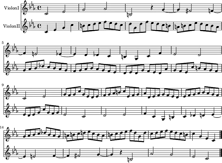 \header {
tagline = ##f
\version "2.16.2"
}
global = {
\key c \minor
\time 4/4
\tempo ""
}
ViolonI = \relative c' {
\global
\dynamicUp
c2 ees g aes b,! r4 g'4~ g fis2 f!4~ f e!2 ees4~ ees d des c b! g c f ees2 d c ees
g8 f g c g ees d ees | f g aes b! c ees, f g | aes d, ees f g f ees d | ees f g aes bes aes g f
g8 aes bes c des bes aes g | a! b! c d! ees c b a | b! c d ees f d g, d' | c d ees f ees d c b! | c4 g ees c \bar "|."
}
ViolonII = \relative c' {
\global
c4 ees g c b!8 c d ees f ees d c d g, d' f ees d c b! a! b c ees d c b a g aes bes des c bes aes g
f8 g aes bes aes g f ees | d ees d g f ees d aes' | g f ees c' b! aes g f | ees d ees g c g f g |
ees2 c d ees f4 c g b! c des d! ees~ ees e!2 f4~ f fis2 g4~ g r4 b,!2 aes' g ees c
}
ViolonIPart = \new Staff \with {
instrumentName = "ViolonI"
midiInstrument = "violin"
} { \ViolonI }
ViolonIIPart = \new Staff \with {
instrumentName = "ViolonII"
midiInstrument = "violin"
} \ViolonII
\score {
<<
\ViolonIPart
\ViolonIIPart
>>
\layout { }
\midi {
\tempo 4=110
}
}