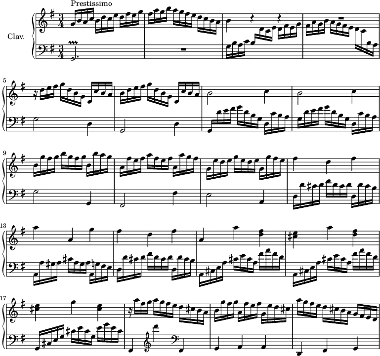 \version "2.18.2"
\header {
tagline = ##f
% composer = "Domenico Scarlatti"
% opus = "K. 348"
% meter = "Prestissimo"
}
%% les petites notes
trillGb = { \tag #'print { g,2.\prallprall } \tag #'midi { \repeat unfold 4 { a32 g a g~ } g4 } }
upper = \relative c'' {
\clef treble
\key g \major
\time 3/4
\tempo 4 = 92
s8*0^\markup{Prestissimo}
g16 b a c b d c e d fis e g | fis a g b a g fis e d c b a | b4 c4\rest c4\rest |
% ms. 4
R2. | r16 d16 e fis g d b g d c' b a | b d e fis g d b g d c' b a |
% ms. 7
\repeat unfold 2 { b2 c4 } | b16 g' fis g b g fis g b, b' a g |
% ms. 10
a, fis' e fis a fis e fis a, a' g fis | g, e' d e g e d e g, g' fis e | fis4 d fis |
% ms. 13
a4 a, g' | fis d fis | a, a' < d, fis >
% ms. 16
< cis e >4 a' < d, fis > | < cis e > g' < cis, e > | r16 a'16 fis g a g fis e d cis b a |
% ms. 19
b16 g' fis g a, fis' e fis g, e' d cis | a' g fis e d cis b a g fis e d | % a'4 a' < d, fis > |
% ms. 22
% < cis e >4 a' < d, fis > | < cis e > g' < cis, e > |
% ms. 26
}
lower = \relative c' {
\clef bass
\key g \major
\time 3/4
% ************************************** \appoggiatura a16 \repeat unfold 2 { } \times 2/3 { } \omit TupletNumber
\trillGb | R2. | g'16 b a c \stemUp b \stemDown \change Staff = "upper" d c e d fis e g |
% ms. 4
fis a g b a g fis e d c \change Staff = "lower" b a \stemNeutral | g2 d4 | g,2 d'4 \stemUp |
% ms. 7
g,16 \stemNeutral d'' e fis g d b g d c' b a | g d' e fis g d b g d c' b a | g2 g,4 |
% ms. 10
fis2 fis'4 | e2 a,4 | d16 d' cis d fis d cis d d, d' cis b |
% ms. 13
a,16 a' gis a cis a gis a a, g' fis e | d d' cis d fis d cis d d, d' cis b | \repeat unfold 2 { a, cis e a cis e cis a fis' a fis d } |
% ms. 17
g,,16 cis e g cis e cis g e' g e cis | fis,,4 \clef treble d'''' \clef bass fis,,,, |
% ms. 19
g a a | d, fis g | % \repeat unfold 2 { a16 cis e a cis e cis a fis' a fis d } |
% ms. 23
% g,,16 cis e g cis e cis g e' g e cis | fis,,4 \clef treble d'''' \clef bass fis,,,, | g a a |
% ms. 26
% \repeat unfold 3 { d,4 fis a } | d,2. %repet
}
thePianoStaff = \new PianoStaff <<
\set PianoStaff.instrumentName = #"Clav."
\new Staff = "upper" \upper
\new Staff = "lower" \lower
>>
\score {
\keepWithTag #'print \thePianoStaff
\layout {
#(layout-set-staff-size 17)
\context {
\Score
\override TupletBracket.bracket-visibility = ##f
\override SpacingSpanner.common-shortest-duration = #(ly:make-moment 1/2)
\remove "Metronome_mark_engraver"
}
}
}
\score {
\keepWithTag #'midi \thePianoStaff
\midi { \set Staff.midiInstrument = #"harpsichord" }
}