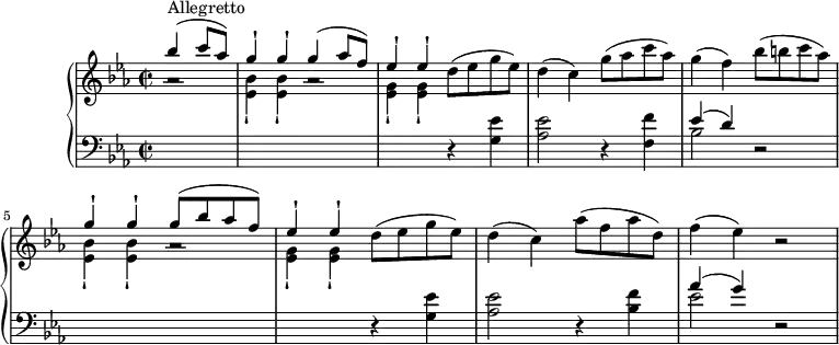 \version "2.18.2"
\header {
tagline = ##f
}
upper = \relative c' {
\clef "treble"
\tempo "Allegretto"
\key ees \major
\time 2/2
\tempo 4 = 130
\partial 2 <<{\stemDown a'2 \rest <ees bes'> 4 _ \staccatissimo <ees bes'> _ \staccatissimo a2 \rest <ees g>4 _ \staccatissimo <ees g> _ \staccatissimo } \\
{ \stemUp bes''4 ^\markup {Allegretto } ^(c8 aes) g4^ \staccatissimo g ^ \staccatissimo g ^(aes8 f) ees4^ \staccatissimo ees^ \staccatissimo }>>
d8 (ees g ees)
d4 (c) g'8 (aes c aes)
g4 (f) bes8 (b c aes)
<<{\stemDown <ees, bes'> 4 _ \staccatissimo <ees bes'> _ \staccatissimo a2 \rest <ees g>4 _ \staccatissimo <ees g> _ \staccatissimo } \\
{ \stemUp g'4^ \staccatissimo g ^ \staccatissimo g8 ^ (bes aes f) ees4^ \staccatissimo ees^ \staccatissimo }>>
d8 (ees g es) d4 (c) aes'8 (f aes d,) f4 (ees) r2
}
lower =\relative c {
\clef "bass"
\key ees \major
\time 2/2
s1 s2 s r4 <g' ees'>4
<aes ees'>2 r4 <f f'>
<<{\stemDown bes2 } \\ { \stemUp ees4 ^ (d) }>> r2
s2 s1 r4 <g, ees'>4
<aes ees'>2 r4 <bes f'>
<<{\stemDown ees2 } \\ { \stemUp aes4 ^ (g) }>> r2
}
\score {
\new PianoStaff <<
\new Staff = "upper" \upper
\new Staff = "lower" \lower
>>
\layout {
\context {
\Score
\remove "Metronome_mark_engraver"
}
}
\midi { }
}