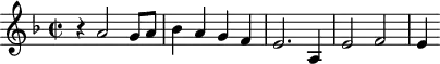 
\header {
  tagline = ##f
}

\score {
  \new Staff \with {

  }
<<
  \relative c'' {
    \key f \major
    \time 2/2
    \tempo 2 = 80
    \override TupletBracket #'bracket-visibility = ##f 
    %\autoBeamOff
    \set Staff.midiInstrument = #"french horn"

     %%%%%%%%%%%%%%%%%%%%%%%%%% AB 3-1 th2
     r4 a2 g8 a bes4 a g f e2. a,4 e'2 f e4

  }
>>
  \layout {
    \context { \Score \remove "Metronome_mark_engraver"
    }
  }
  \midi {}
}
