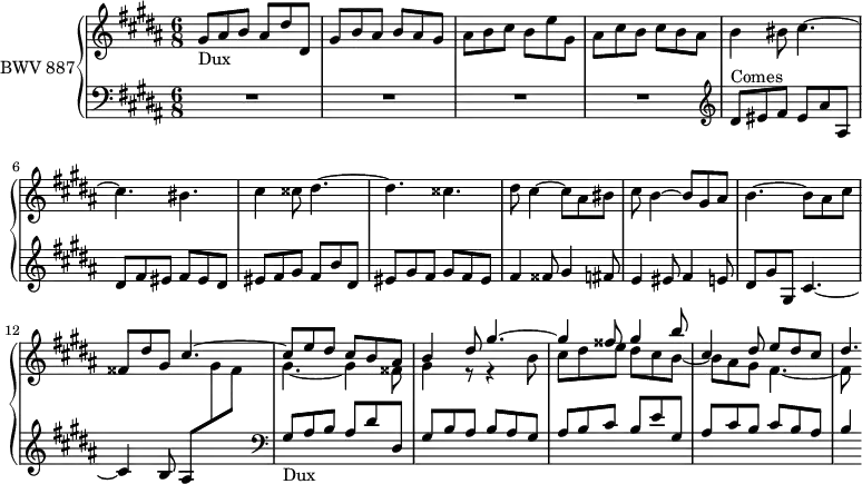 \version "2.18.2"
\header {
tagline = ##f
}
DuxNotes = { gis8 ais b ais dis dis, | gis b ais b ais gis | ais b cis b e gis, | ais cis b cis b ais }
Dux = { s8*0_\markup{Dux} \DuxNotes }
Comes = { s8*0^\markup{Comes} \transpose gis dis' \relative \DuxNotes }
upper = \relative c'' {
\clef treble
\key gis \minor
\time 6/8
\tempo 4. = 98
\set Staff.midiInstrument = #"harpsichord"
%% FUGUE CBT II-18, BWV 887, sol-dièse mineur
\Dux b4 bis8 cis4.~ | cis bis cis4 cisis8 dis4.~ dis cisis | dis8 cis4~ cis8 ais bis | cis b4~ b8 gis ais
%% ms. 11
b4.~ b8 ais cis |
<< { fisis, dis' gis, cis4.~ cis8 e dis cis b ais | b4 dis8 gis4.~ gis4 fisis8 gis4 b8 cis,4 dis8 e dis cis | dis4.*1/3 } \\ { s2. gis,4.~ gis4 fisis8 gis4 r8 r4 b8 | cis dis e dis cis b~ | b ais gis fis4.~ | fis8 } >>
}
lower = \relative c' {
\clef bass
\key gis \minor
\time 6/8
\set Staff.midiInstrument = #"harpsichord"
R2.*4
\clef treble \relative c'' { \Comes } fis4 fisis8 gis4 fis8 e4 eis8 fis4 e8 | dis gis gis, cis4.~ | cis4 b8 ais8 \stemDown \change Staff = "upper" gis' fisis \stemUp \change Staff = "lower"
\clef bass \relative c'
\Dux b,4*1/2
}
\score {
\new PianoStaff <<
\set PianoStaff.instrumentName = #"BWV 887"
\new Staff = "upper" \upper
\new Staff = "lower" \lower
>>
\layout {
\context {
\Score
\remove "Metronome_mark_engraver"
}
}
\midi { }
}