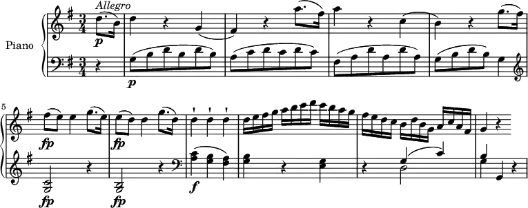 \version "2.18.2"
\header {
tagline = ##f
}
upper = \relative c' {
\clef treble
\key g \major
\time 3/4
\tempo "Allegro"
\tempo 4 = 130
%\autoBeamOff
\partial 4 d'8. \p ^\markup{ \italic {Allegro } } (b16)
d4 r g,
(fis) r a'8. (fis16)
a4 r c,
(b) r g'8. (fis16)
fis8\fp (e) e4 g8. (e16)
e8\fp (d) d4 g8. (d16)
d4-! d-! d-!
d16 e fis g a b c d c b a g
fis e d c b d b g a c a fis
g4 r
}
lower = \relative c {
\clef bass
\key g \major
\time 3/4
\partial 4 r4
g'8 \p (b d b d b)
a (c d c d c)
fis, (a d a d a)
g (b d b) g4
\clef treble
<c g>2 \fp r4
<b g>2 \fp r4 \clef bass
<a c>4 \f (<g b> <fis a>)
<g b> r <e g>
r << { \stemDown d2 g4} \\ {\stemUp g4 ^ ( c) b } >>
g,4 r
}
\score {
\new PianoStaff <<
\set PianoStaff.instrumentName = #"Piano"
\new Staff = "upper" \upper
\new Staff = "lower" \lower
>>
\layout {
\context {
\Score
\remove "Metronome_mark_engraver"
}
}
\midi { }
}