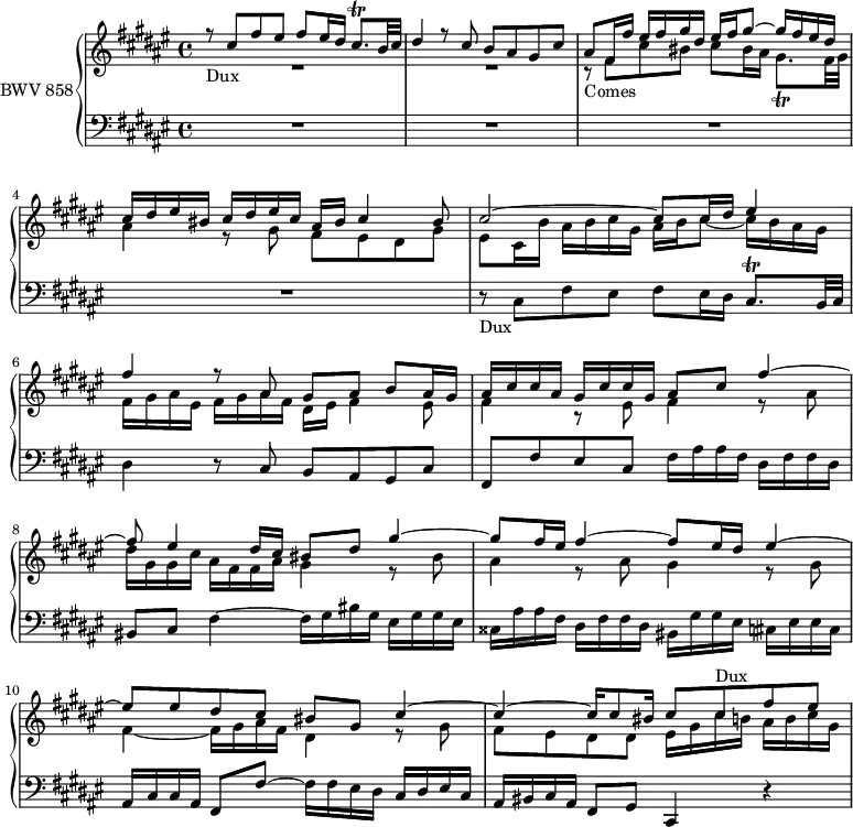 \version "2.18.2"
\header {
tagline = ##f
}
Trillcishp = { \tag #'print { cis8.\trill } \tag #'midi { dis32 cis dis cis dis cis } }
Trillgishp = { \tag #'print { gis8.\trill } \tag #'midi { ais32 gis ais gis ais gis } }
Dux = { r8_\markup{Dux} cis8 fis eis fis eis16 dis \Trillcishp b32 cis dis4 r8 cis8 b ais gis cis }
Comes = { r8_\markup{Comes} fis8 cis' bis cis bis16 ais \Trillgishp fis32 gis ais4 r8 gis8 fis eis dis gis eis }
upper = \relative c'' {
\clef treble
\key fis \major
\time 4/4
\tempo 4 = 69
\set Staff.midiInstrument = #"harpsichord"
%% FUGUE CBT I-13, BWV 858, fa-dièse majeur
<< { \Dux ais8 fis16 fis' eis fis gis dis eis fis gis8~ gis16 fis eis dis cis dis eis bis cis dis eis cis ais bis cis4 bis8 cis2~ cis8 cis16 dis eis4 fis r8 ais,8 gis ais b ais16 gis | ais cis cis ais gis cis cis gis ais8 cis fis4~ fis8 eis4 dis16 cis bis8 dis gis4~ gis8 fis16 eis fis4~ fis8 eis16 dis eis4~ eis8 eis dis cis bis gis cis4~ cis~ cis16 cis8 bis16 cis8 cis-\markup{Dux} fis eis } \\ { R1*2 \relative c' \Comes cis,16 b' ais b cis gis ais b cis8~ cis16 b ais gis fis gis ais eis fis gis ais fis dis eis fis4 eis8 | fis4 r8 eis8 fis4 r8 ais8 | dis16 gis, gis cis ais fis fis ais gis4 r8 bis8 ais4 r8 ais8 gis4 r8 gis8 fis4~ fis16 gis ais fis dis4 r8 gis8 fis eis dis dis eis16 gis cis b ais b cis gis } >>
}
lower = \relative c {
\clef bass
\key fis \major
\time 4/4
\set Staff.midiInstrument = #"harpsichord"
R1*4 \Dux fis,8 fis' eis cis fis16 ais ais fis dis fis fis dis bis8 cis fis4~ fis16 gis bis gis eis gis gis eis cisis ais' ais fis dis fis fis dis bis gis' gis eis cis eis eis cis ais cis cis ais fis8 fis'~ fis16 fis eis dis cis dis eis cis ais bis cis ais fis8 gis cis,4 r4
}
thePianoStaff = \new PianoStaff <<
\set PianoStaff.instrumentName = #"BWV 858"
\new Staff = "upper" \upper
\new Staff = "lower" \lower
>>
\score {
\keepWithTag #'print \thePianoStaff
\layout {
\context {
\Score
\remove "Metronome_mark_engraver"
%\override SpacingSpanner.common-shortest-duration = #(ly:make-moment 1/2)
}
}
}
\score {
\keepWithTag #'midi \thePianoStaff
\midi { }
}