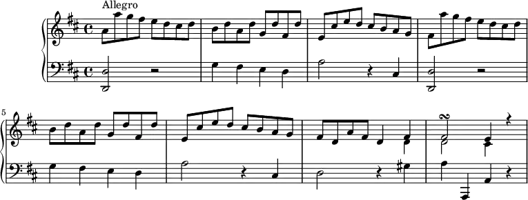 \version "2.18.2"
\header {
tagline = ##f
}
upper = \relative c'' {
\clef treble
\key d \major
\time 4/4
\tempo 4 = 198
\override TupletBracket.bracket-visibility = ##f
s8*0^\markup{Allegro}
%%Montero — opus 1, sonate 3, Allegro (pdf p. 18)
a8 a' g fis e d cis d b d a d g, d' fis, d' e, cis' e d cis b a g fis a' g fis e d cis d b d a d g, d' fis, d' e, cis' e d cis b a g fis d a' fis d4
<< { fis4 fis2\turn e4 r4 } \\ { d4 d2 cis4 } >>
}
lower = \relative c {
\clef bass
\key d \major
\time 4/4
< d d, >2 r2 g4 fis e d a'2 r4 cis,4
< d d, >2 r2 g4 fis e d a'2 r4 cis,4 d2 r4 gis4 a a,, a' r4
}
\score {
\new PianoStaff <<
\new Staff = "upper" \upper
\new Staff = "lower" \lower
>>
\layout {
#(layout-set-staff-size 17)
\context {
\Score
\override SpacingSpanner.common-shortest-duration = #(ly:make-moment 1/2)
\remove "Metronome_mark_engraver"
}
}
\midi { }
}