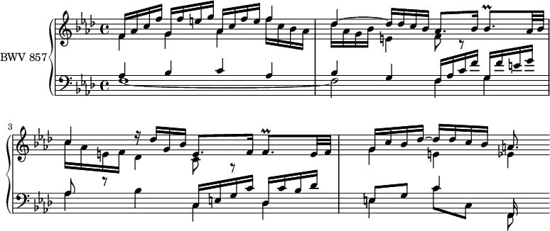 \version "2.18.2"
\header {
tagline = ##f
}
Prallbeshp = { \tag #'print { bes8.\prall } \tag #'midi { \times 2/3 { c32 bes c } bes8 } }
Prallfhp = { \tag #'print { f8.\prall } \tag #'midi { \times 2/3 { g32 f g } f8 } }
upper = \relative c' {
\clef treble
\key f \minor
\time 4/4
\tempo 4 = 52 % tempo de Keller
\set Staff.midiInstrument = #"harpsichord"
%% PRÉLUDE CBT I-12, BWV 857, fa mineur
<< { f16 aes c f g, f' e g aes, c f e f4 | des4~ des16 des c bes aes8. bes16 \Prallbeshp aes32 bes c4 r16 des16 g, bes e,8. f16 \Prallfhp e32 f | g16 c bes des~ des des c bes a8. } \\ { f4 g aes f'16 c bes aes des aes g bes | e,4 f8 r8 s4 | c'16 aes e f des4 c8 r8 s4 g'4 e ees4*1/2 } >>
}
lower = \relative c' {
\clef bass
\key f \minor
\time 4/4
\set Staff.midiInstrument = #"harpsichord"
<< { aes4 bes c aes bes g f16 aes c f g, f' e g | aes,8 r8 s4 c,16 e g c des, c' bes des e,8 g c4 f,,16 } \\ { f'1~ f2 f4 g | aes bes c, des | e c'8 c, f, } >>
}
thePianoStaff = \new PianoStaff <<
\set PianoStaff.instrumentName = #"BWV 857"
\new Staff = "upper" \upper
\new Staff = "lower" \lower
>>
\score {
\keepWithTag #'print \thePianoStaff
\layout {
\context {
\Score
\remove "Metronome_mark_engraver"
\override SpacingSpanner.common-shortest-duration = #(ly:make-moment 1/2)
}
}
}
\score {
\keepWithTag #'midi \thePianoStaff
\midi { }
}
