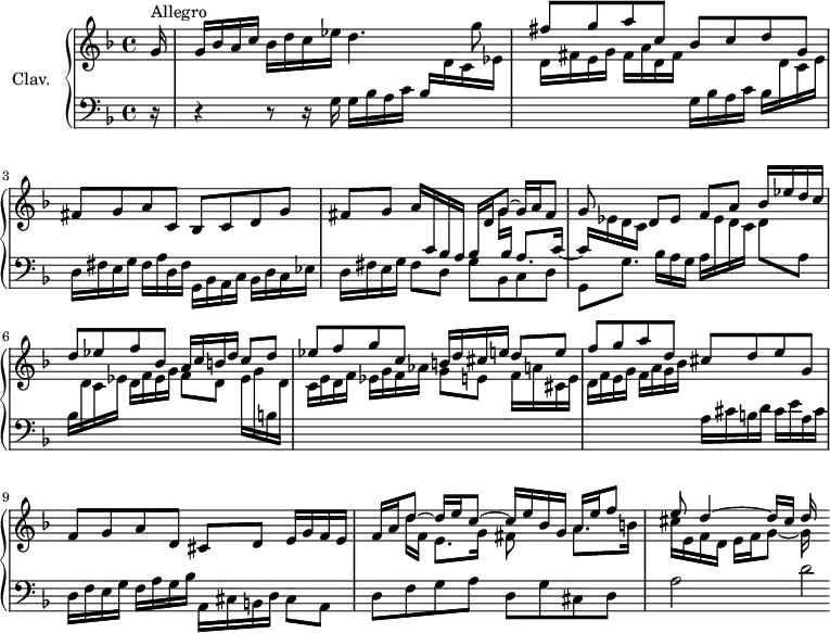 \version "2.18.2"
\header {
  tagline = ##f
}
upper = \relative c'' {
  \clef treble 
  \key f \major
  \time 4/4
  \tempo 4 = 92
  \set Staff.midiInstrument = #"harpsichord"
    \partial 16
    s8*0^\markup{Allegro}
    g16 | g bes a c bes d c ees d4. g8 | \stemUp fis8 g a c, bes c d g, | fis g a c, bes c d g |
    % ms. 4
    << { fis8 g a16 \stemUp \change Staff = "lower" c,16 bes a bes \change Staff = "upper" d g8~ g16 a fis8 | g8 } \\ { s2 s8 g16 \stemUp \change Staff = "lower" bes, a8. c16~ | c \stemDown \change Staff = "upper" ees16 d c } >> \stemNeutral d8 ees f a \stemUp bes16 ees d c | d8 ees f bes, a16 c b d c8 d |
    % ms. 7
    ees8 f g c,  b16 d cis e d8 e | f g a d, cis d e g, | f g a d, cis d  e16 g f e |
    % ms. 10
    << { \mergeDifferentlyDottedOn f16 a d8~ d16 e c8~ c16 e bes g a16 e' f8 | e d4~ d16 cis d } \\ { s8 d16 f, e8. g16 fis8 s8 a8. b16 | cis e, f d e f g8~ g16  } >> % f fis16 e fis g a fis | g8 e f cis d8 a4 g8
    % ms. 13
    
}
lower = \relative c' {
  \clef bass
  \key f \major
  \time 4/4
  \set Staff.midiInstrument = #"harpsichord"
    % *****************************
    r16 | r4 r8 r16 g16 | g bes a c bes \stemDown \change Staff = "upper"  d c ees | d fis e g fis a d, fis \change Staff = "lower" g,16 bes a c bes \stemDown \change Staff = "upper" d c e | \change Staff = "lower" d,16 fis e g fis a d, fis g,16 bes a c bes d c ees | 
    % ms. 4 
    d16 fis e g fis8 d g bes, c d  | g, g'8. bes16 a g  a \change Staff = "upper" ees' d c d8 \change Staff = "lower" a | bes16 \change Staff = "upper"  d c ees d f ees g f8 d ees16 g \change Staff = "lower" b, \change Staff = "upper" d |
    % ms. 7
    c16 e d f ees g f aes g8 e f16 a cis, e | d16 f e g f a g bes \change Staff = "lower" a,16 cis b d cis e a, cis | d,16 f e g f a g bes a, cis b d cis8 a |
    % ms. 10 
    d8 f g a d, g cis, d | a'2 d2*1/4
} 
thePianoStaff = \new PianoStaff <<
    \set PianoStaff.instrumentName = #"Clav."
    \new Staff = "upper" \upper
    \new Staff = "lower" \lower
  >>
\score {
  \keepWithTag #'print \thePianoStaff
  \layout {
      #(layout-set-staff-size 17)
    \context {
      \Score
     \override SpacingSpanner.common-shortest-duration = #(ly:make-moment 1/2)
      \remove "Metronome_mark_engraver"
    }
  }
}
\score {
  \keepWithTag #'midi \thePianoStaff
  \midi { }
}