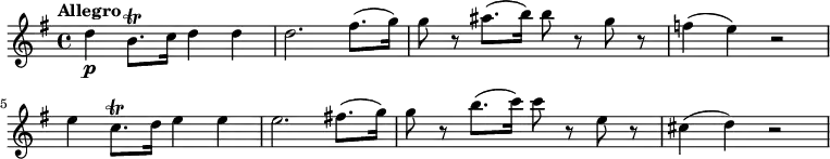 \relative c'' {
\key g \major
\time 4/4
\tempo "Allegro"
\tempo 4 = 120
d4 \p b8. \trill c16 d4 d
d2. fis8. (g16)
g8 r ais8. (b16) b8 r g r
f4 (e) r2
e4 c8. \trill d16 e4 e
e2. fis!8. (g16)
g8 r b8. (c16) c8 r e, r
cis4 (d) r2
}