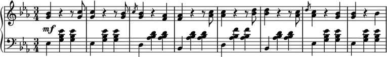 \relative b' {
\new PianoStaff <<
\new Staff { \key c \minor \time 3/4
<<
{
<g bes>4 r4 r8 <g c>8 <g c>4 r4 r8 <g bes>8 \slashedGrace c8 <g bes>4 r4 <f aes>4 <f aes>4 r4 r8 <aes c>8 <aes c>4 r4 r8 <bes d>8 <bes d>4 r4 r8 <aes c>8 \slashedGrace d8 <aes c>4 r <g bes>4 <g bes>4 r4 bes4
}
>>
}
\new Dynamics {
s\mf
}
\new Staff { \key c \minor \time 3/4 \clef bass
ees,, <g bes ees> <g bes ees> ees <g bes ees> <g bes ees> d <aes' bes d> <aes bes d> bes, <aes' bes d> <aes bes d> d, <aes' bes f'> <aes bes f'> bes, <aes' bes d> <aes bes d> ees <g bes ees> <g bes ees> ees <g bes ees> <g bes ees>
}
>>
}