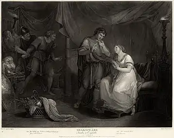 Troïlus et Cressida, Acte V, Scène II (1795). Gravure de Schiavonetti d'après le tableau d'Angelica Kauffmann (1789) destinée à l'édition illustrée de la Boydell Shakespeare Gallery en 1795.