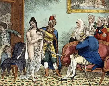 Caricature, homme en costume oriental dévoilant le corps nu